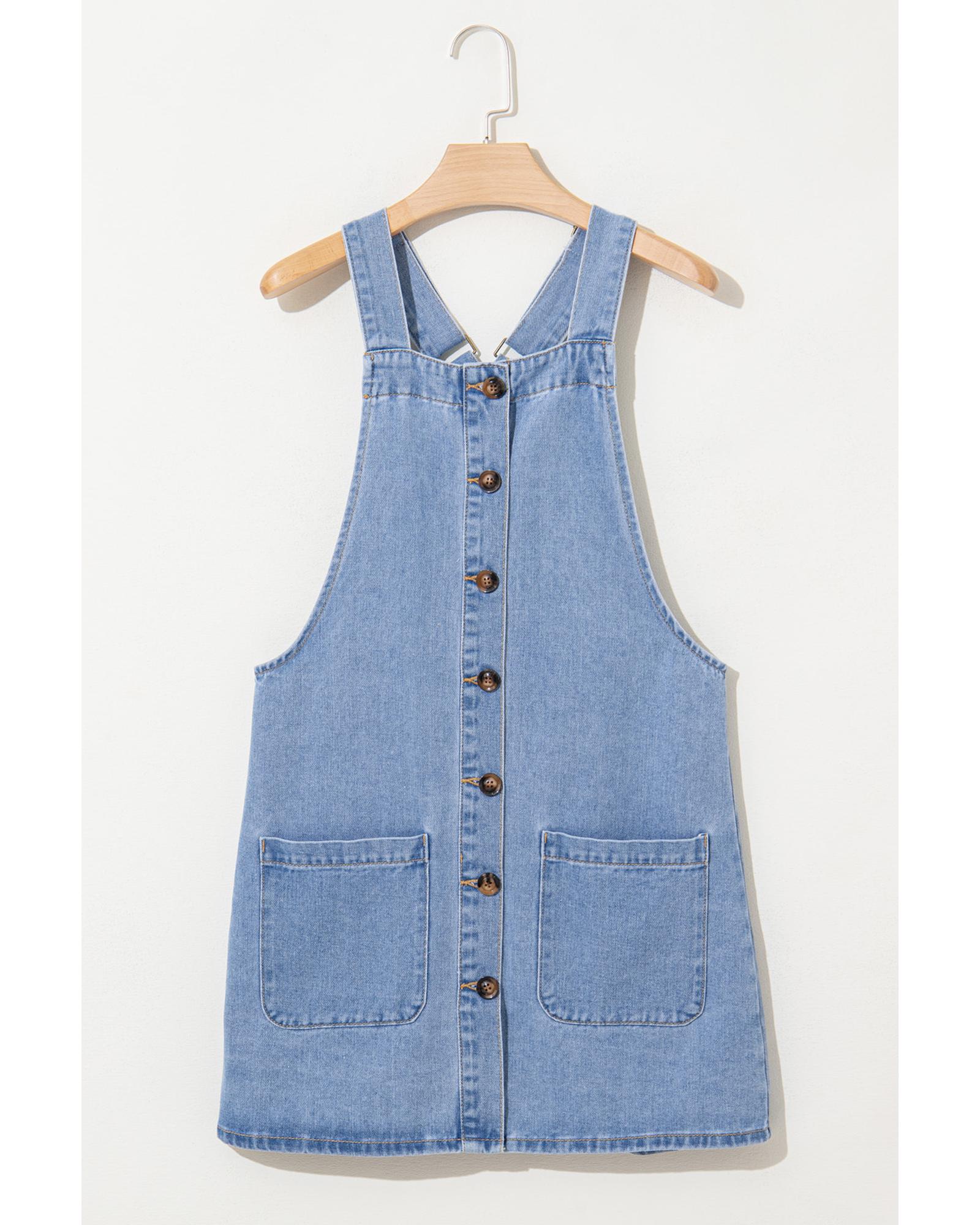 V539-AZEXDC786711-P804-XL-202506151326-00 Beau Blue Wide Strap Button Front Pocketed Denim Mini Dress - XL - Image 1