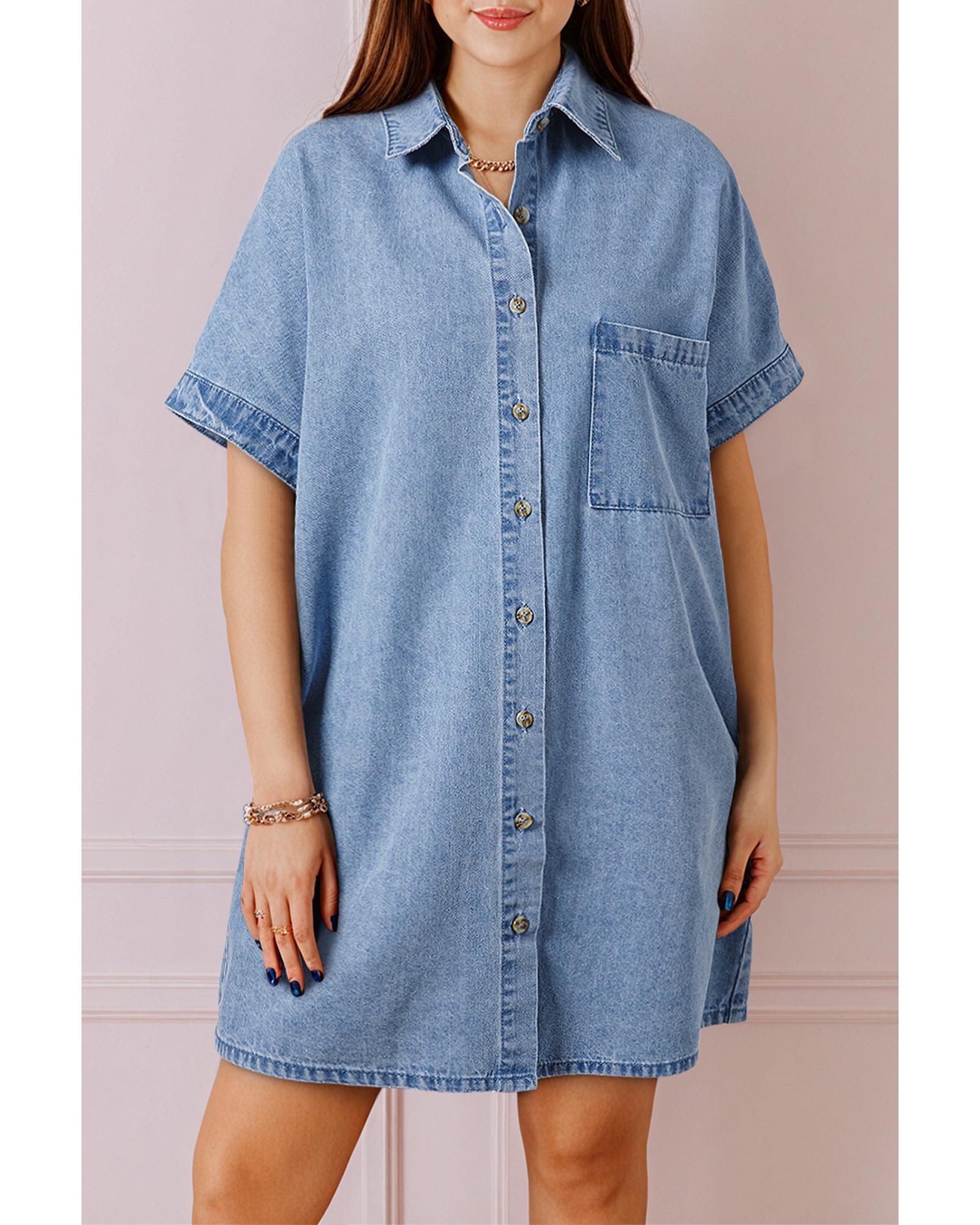 V539-AZEXDC786862-P704-S-202506151106-00 Dusk Blue Short Sleeve Pocketed Button up Denim Tunic Dress - S - Image 1