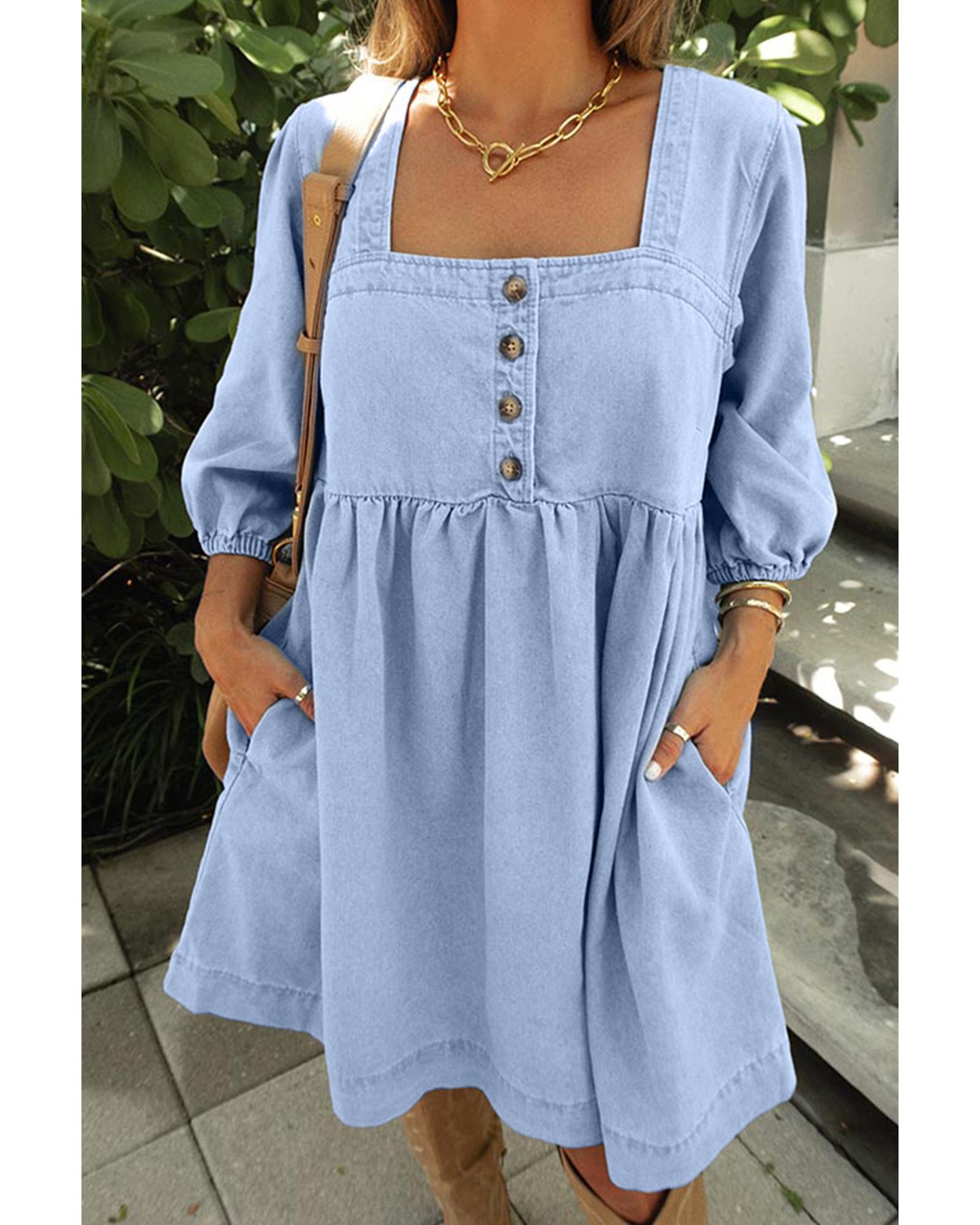 V539-AZEXDC786885-P804-XL-202508310215-00 Beau Blue Denim Button Detail Babydoll Square Neck Mini Dress - XL - Image 1