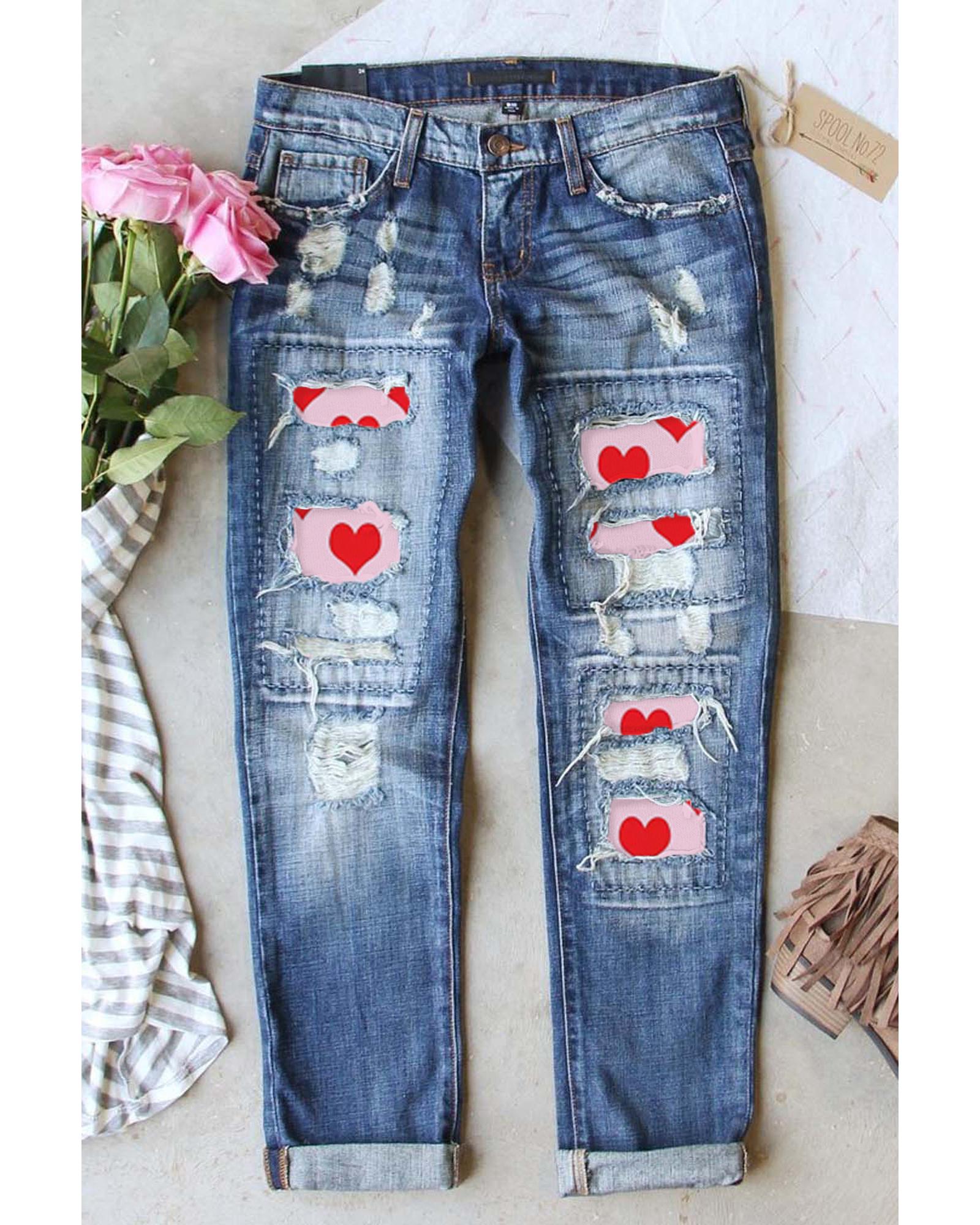V539-AZEXDC7872635-4-4-202508290415-00 Azura Exchange Heart Patchwork Distressed Jeans - 4 US - Image 1