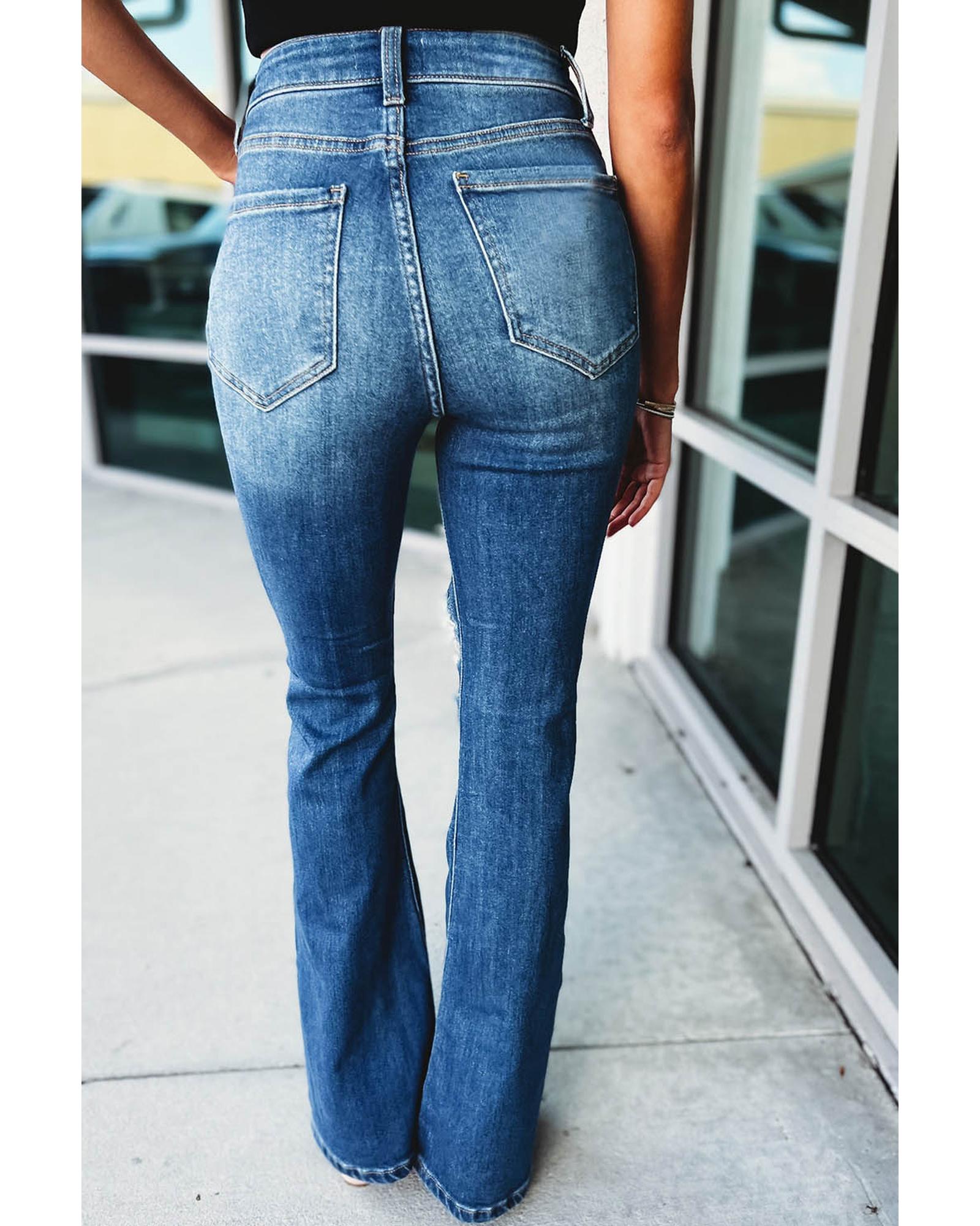 V539-AZEXDC7874145-5-14-202508291200-00 Azura Exchange Distressed Cutout Flare Leg Jeans - 14 US - Image 1