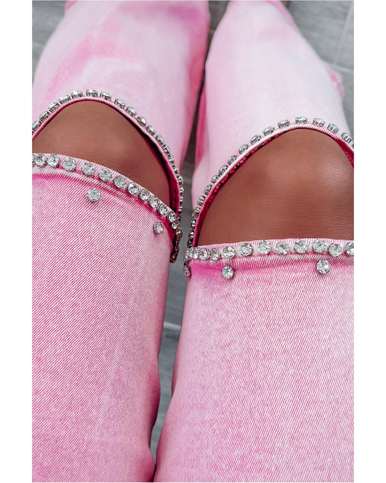 V539-AZEXDC7874257-10-14-202508281840-00 Pink High Waist Rhinestone Cutout Wide Leg Jeans - 14 US - Image 1