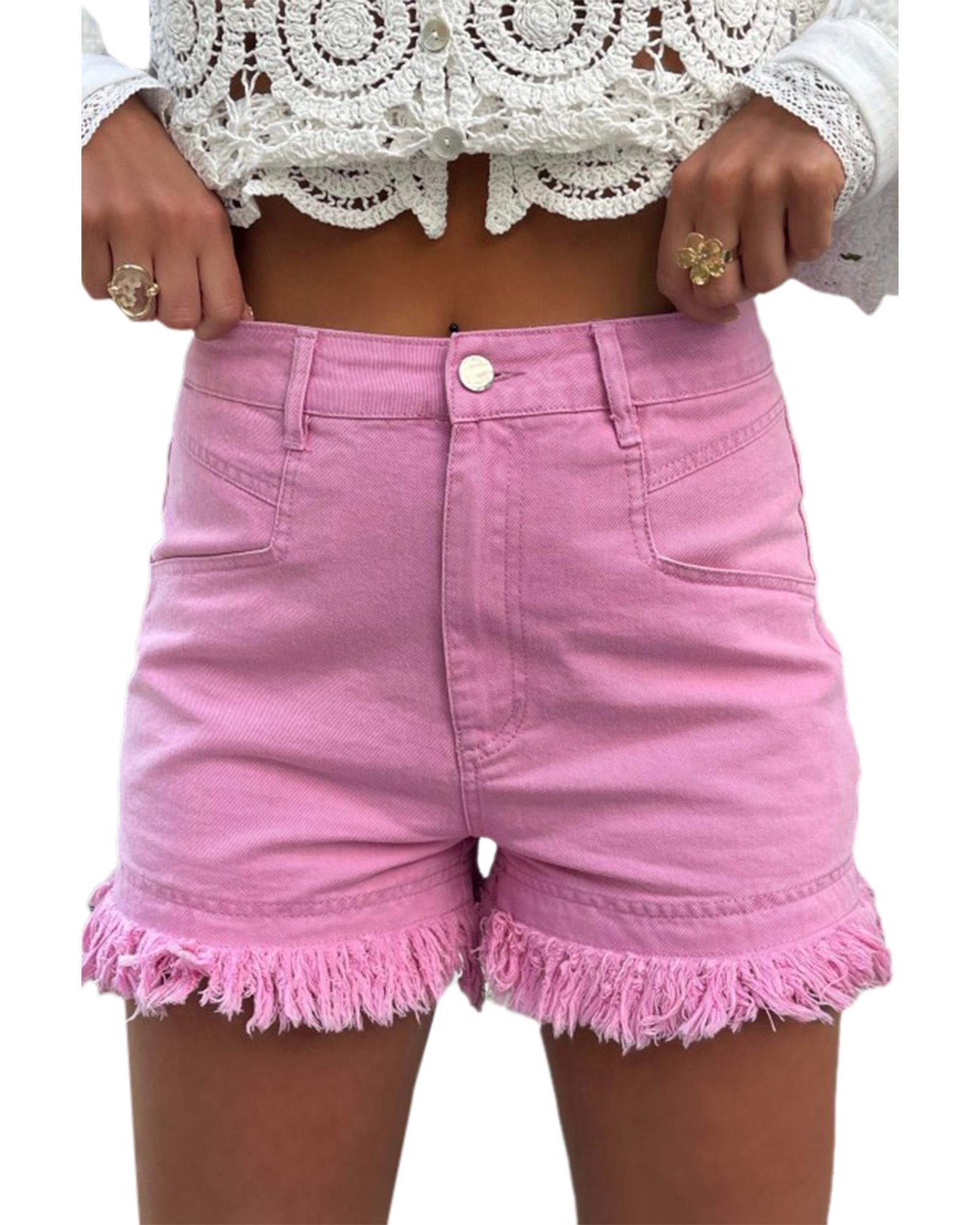 V539-AZEXDC7874772-P10-10-202508280900-00 Pink Frayed Edge Mid Rise Denim Shorts - 10 US - Image 1