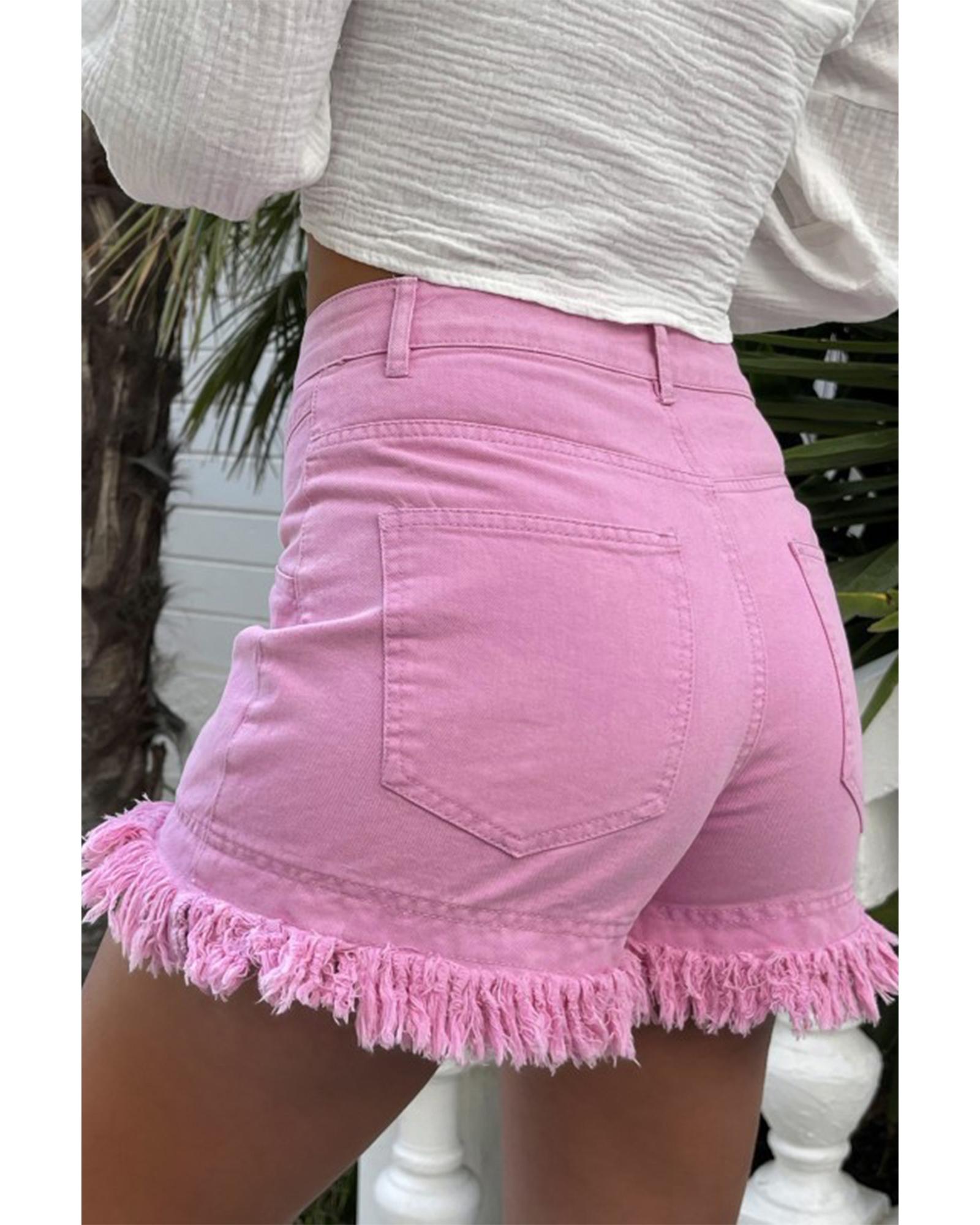 V539-AZEXDC7874772-P10-8-202506151130-00 Pink Frayed Edge Mid Rise Denim Shorts - 8 US - Image 1