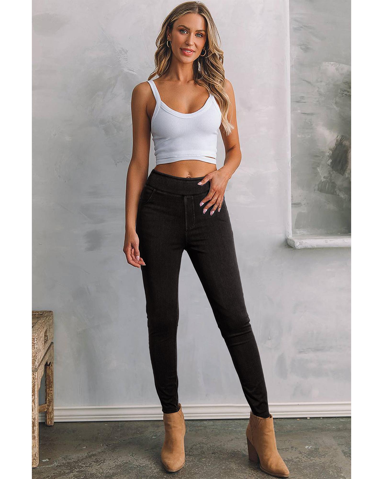 V539-AZEXDC7875055-P2-M-202508281110-00 Black Solid Color High Waist Stretchy Slim Fit Jeggings - M - Image 1