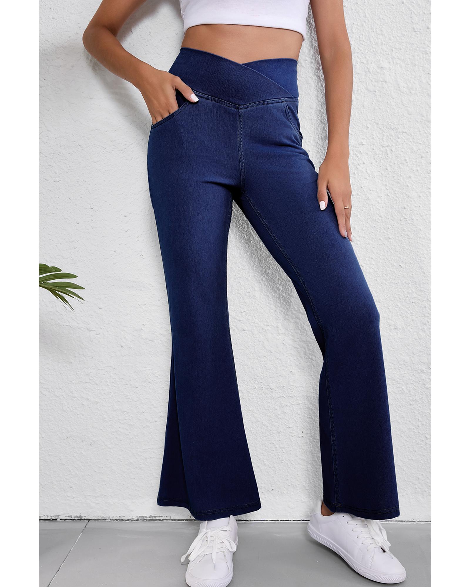 V539-AZEXDC7875066-P704-M-202508291320-00 Dusk Blue Solid Crossed Waist High Elastic Fit Flare Knit Jeans - M - Image 1