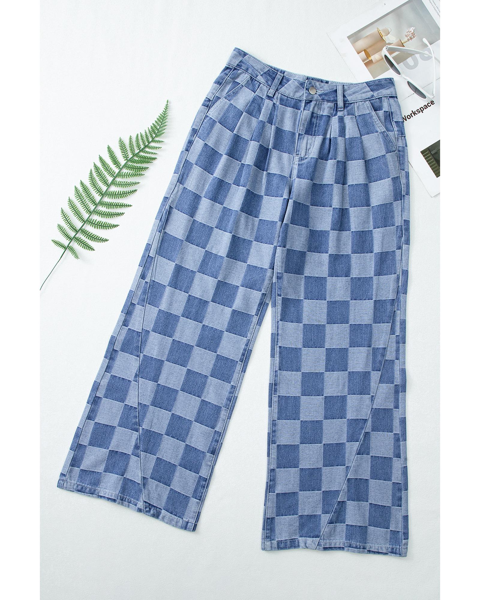 V539-AZEXDC7875123-P704-8-202508300745-00 Dusk Blue Checkered Denim Wide Leg Jeans - 8 US - Image 1