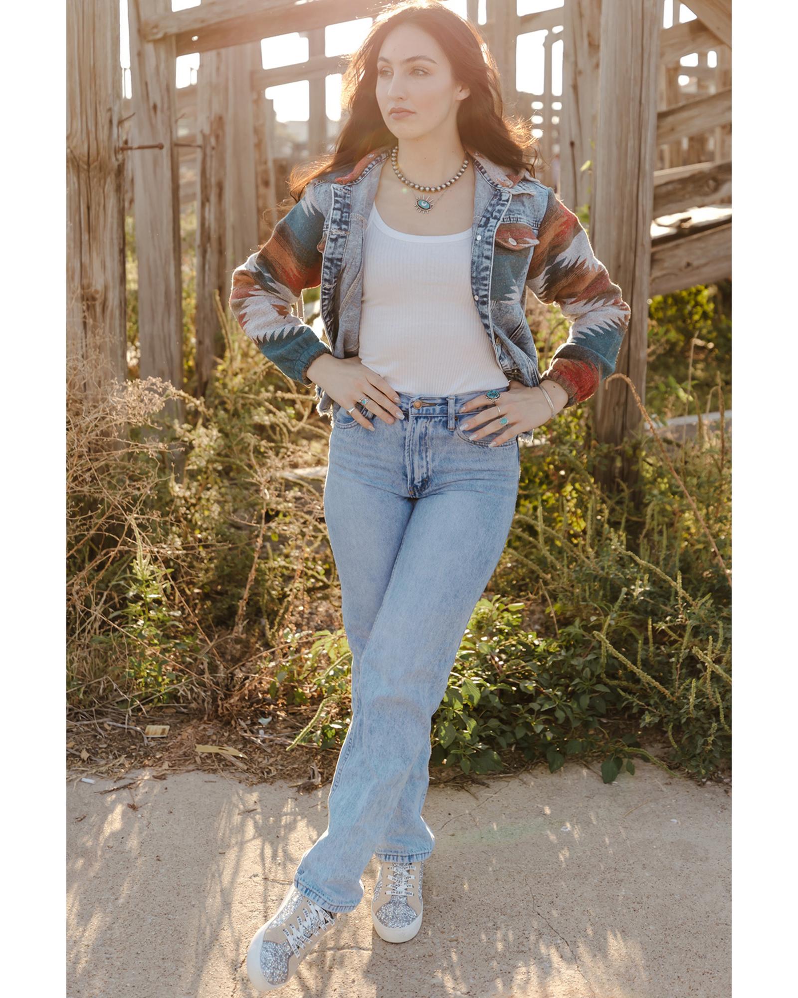 V539-AZEXDC788120-22-2XL-202508290240-00 Azura Exchange Multicolor Aztec Print Frayed Hem Denim Jacket - 2XL - Image 1