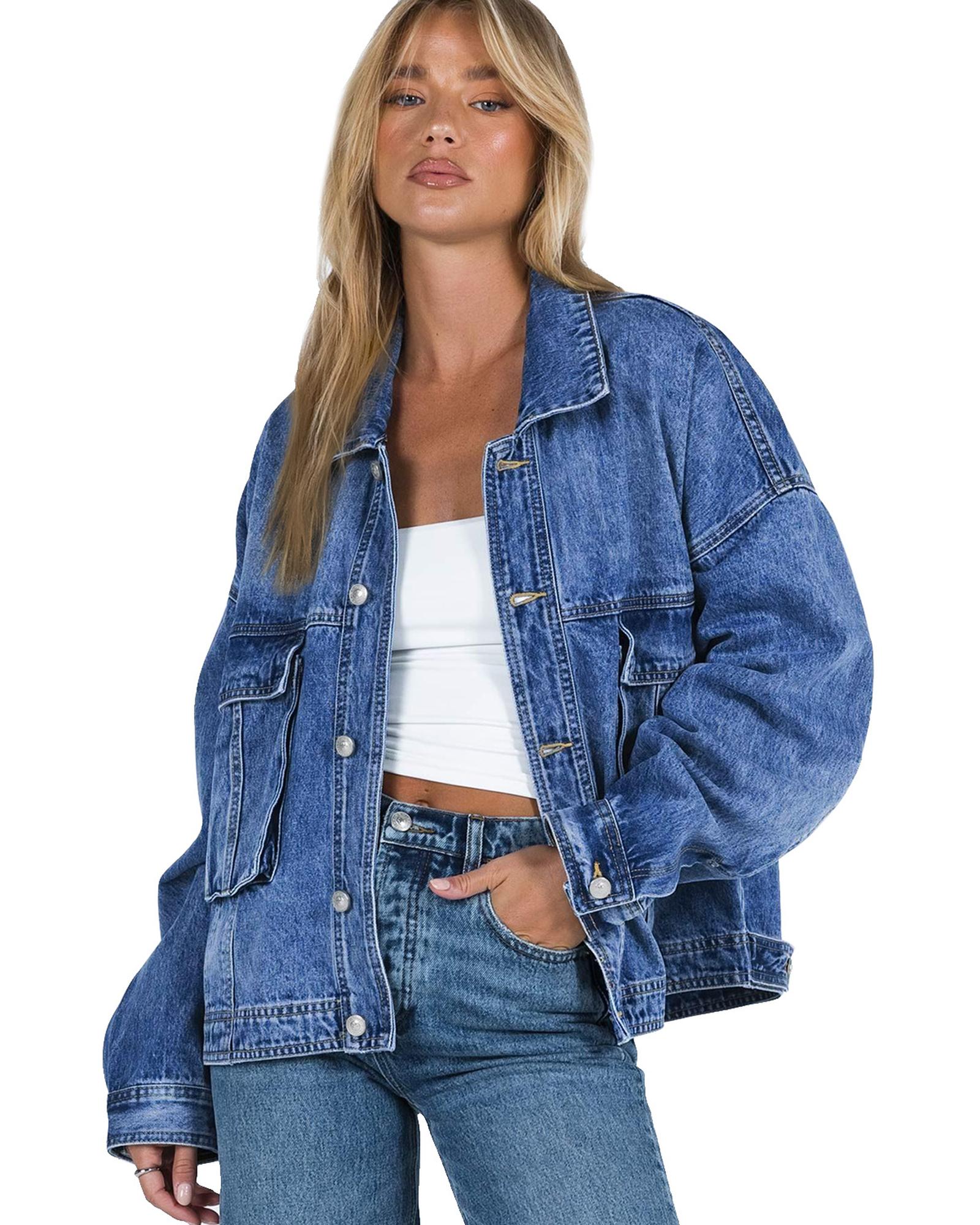 V539-AZEXDC788285-5-S-202506151145-00 Blue Chest Pockets Drop Shoulder Loose Denim Jacket - S - Image 1