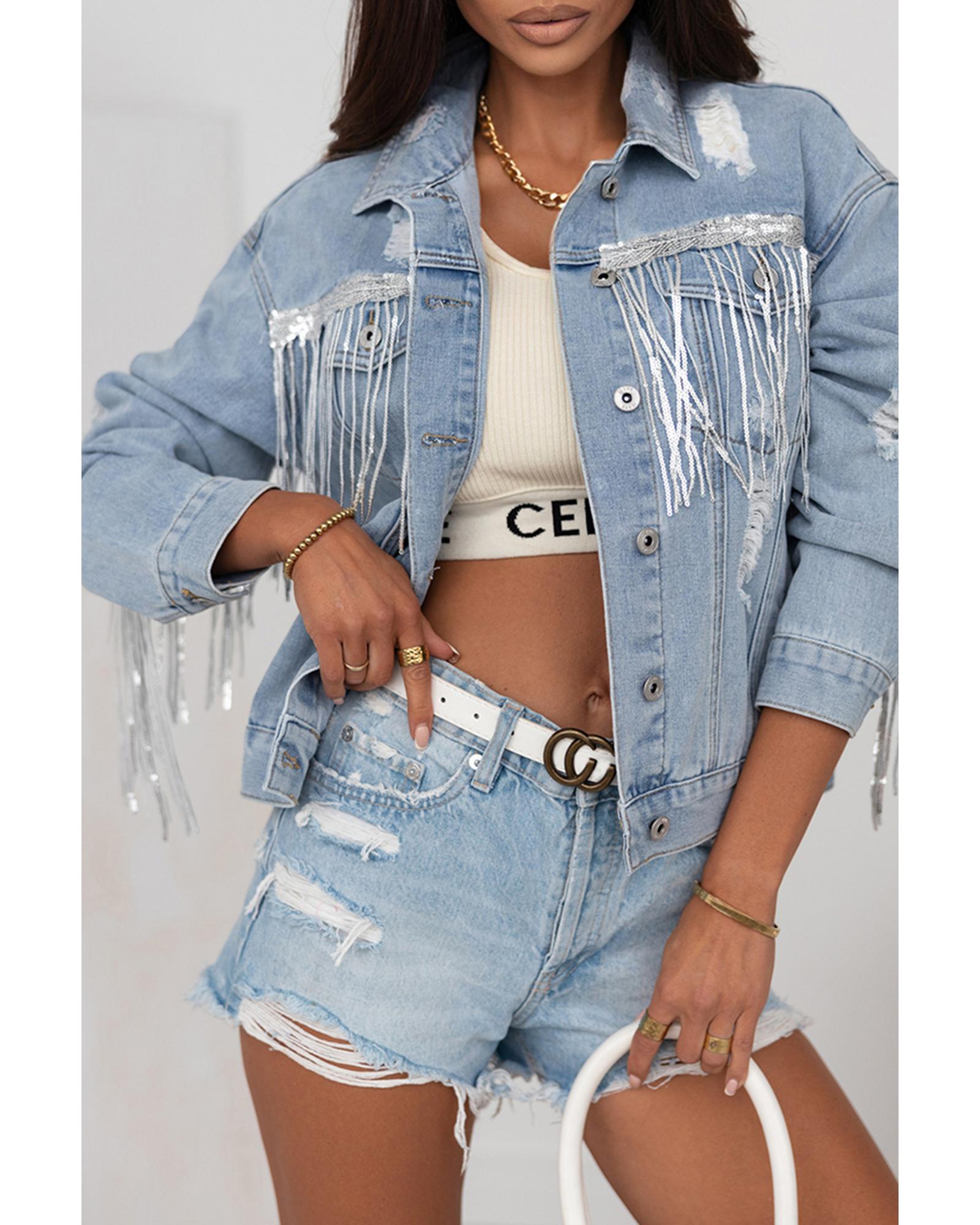 V539-AZEXDC788315-4-XL-202508300225-00 Sky Blue Sequin Embellished Fringe Distressed Denim Jacket - XL - Image 1