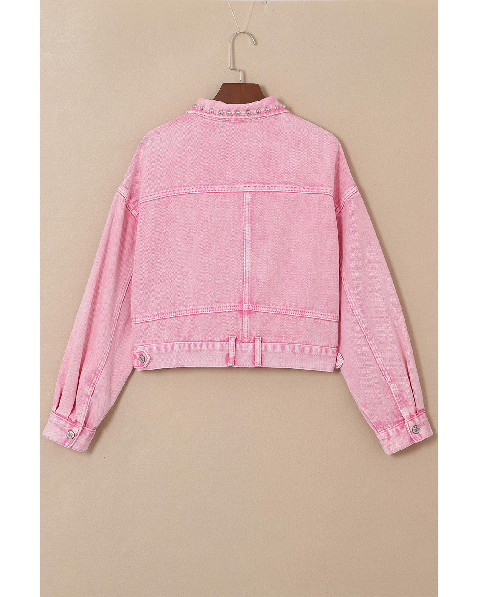 V539-AZEXDC788422-P10-XL-202508291645-00 Pink Rivet Studded Pocketed Denim Jacket - XL - Image 1