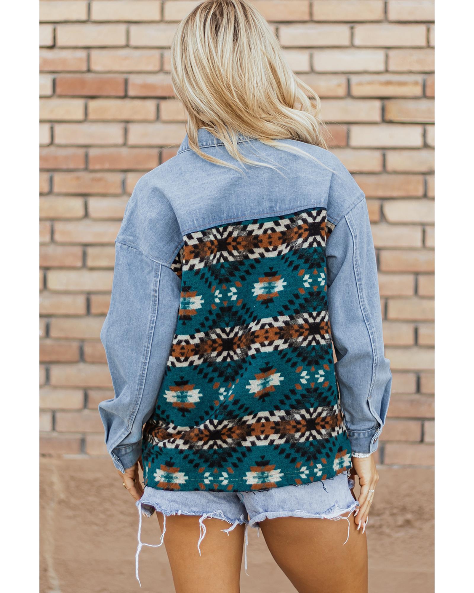 V539-AZEXDC788577-P520-XL-202508280840-00 Blue Aztec Printed Denim Jacket - XL - Image 1
