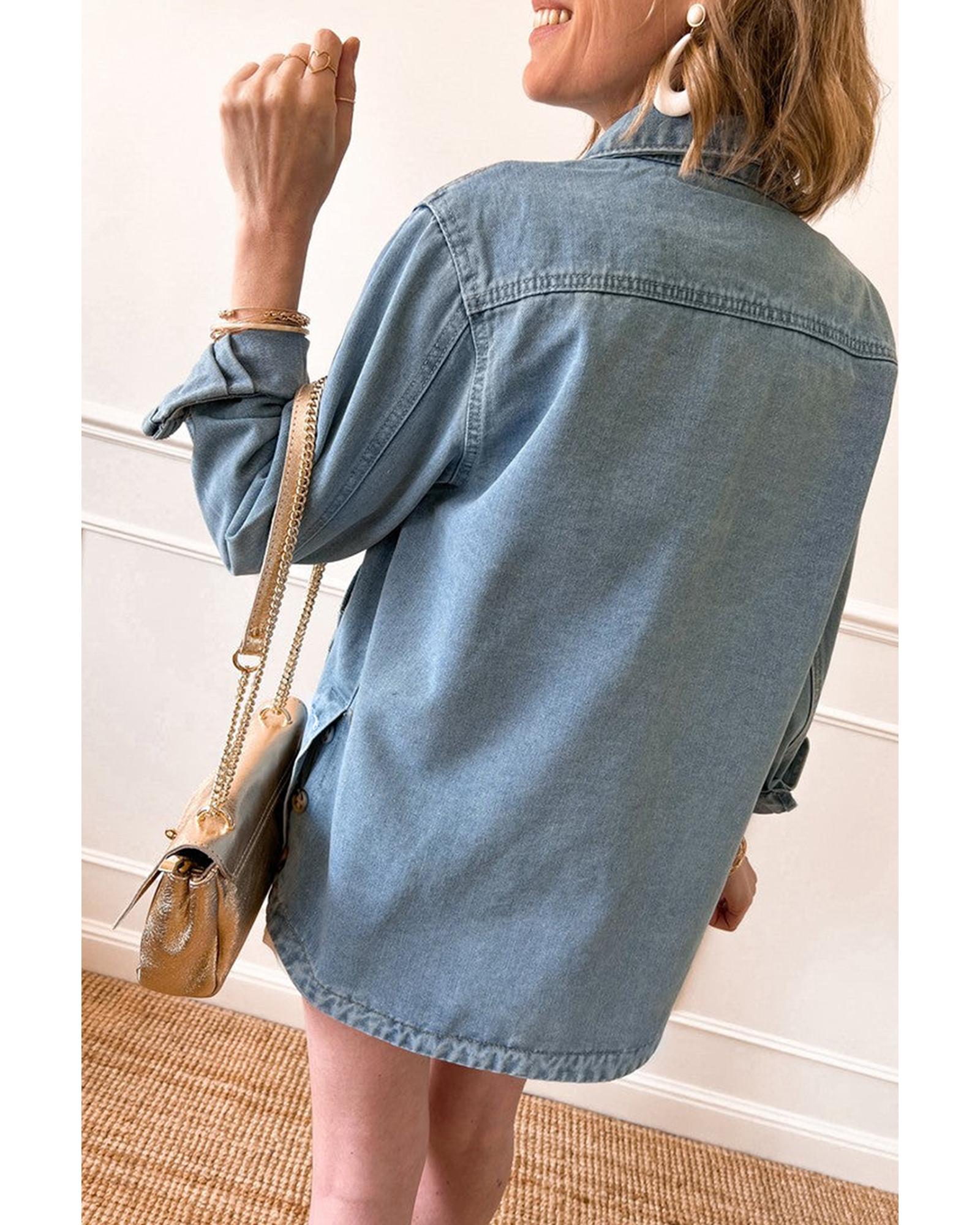 V539-AZEXDC788604-P704-L-202508302005-00 Dusk Blue Slit Buttons Pocketed Denim Jacket - L - Image 1