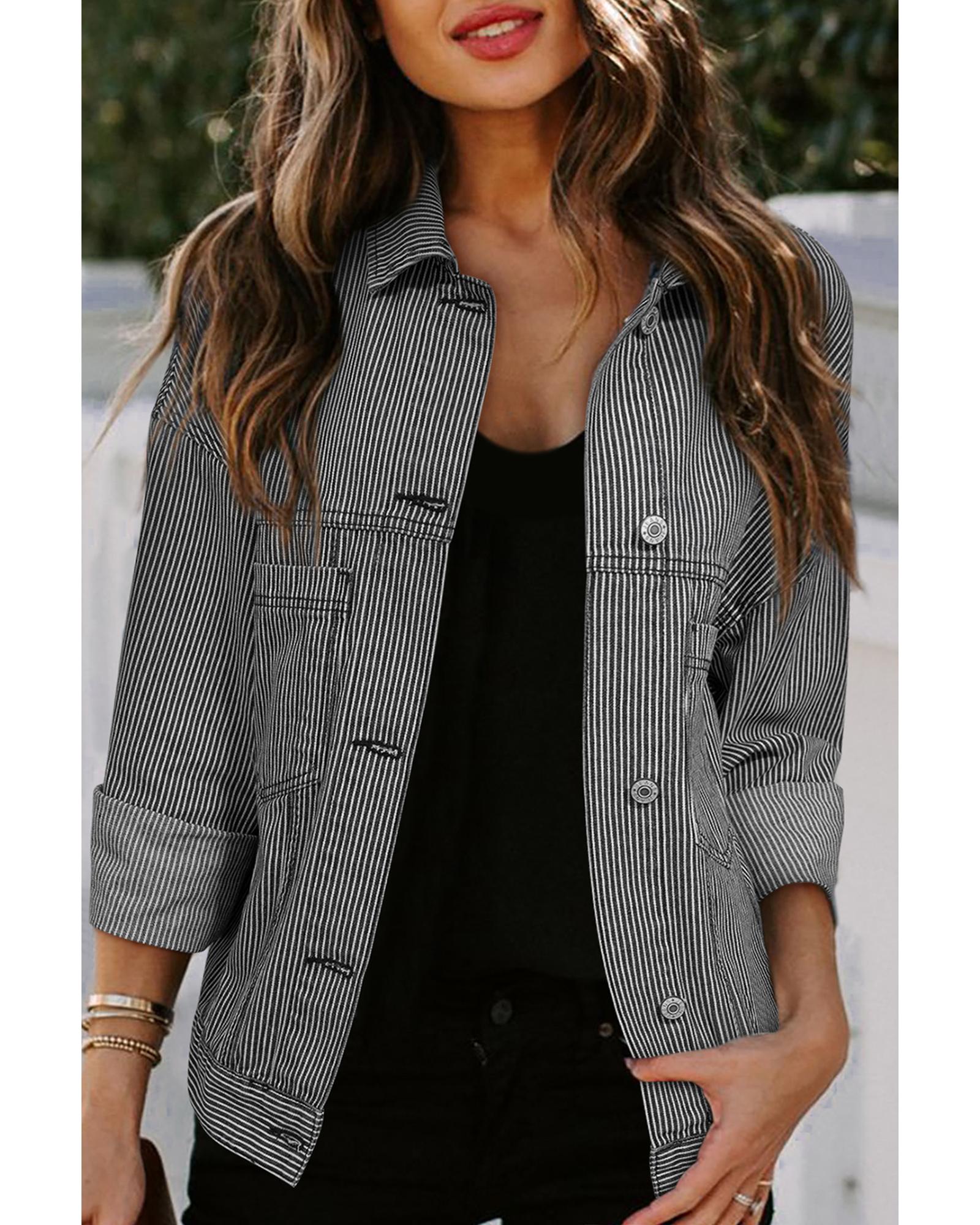 V539-AZEXDC788608-P519-2XL-202508301155-00 Blue Stripe Washed Oversize Pocketed Denim Jacket - 2XL - Image 1