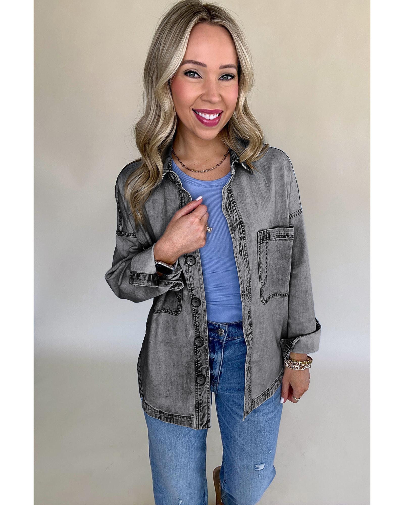 V539-AZEXDC788615-P3011-2XL-202508300730-00 Medium Grey Mineral Wash Patched Pocket Split Denim Jacket - 2XL - Image 1