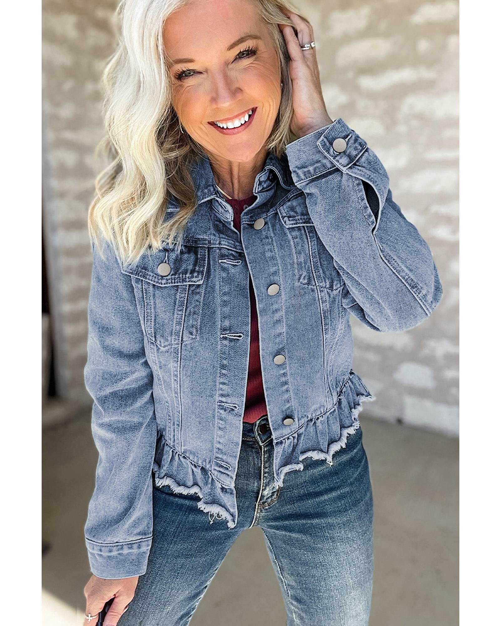 V539-AZEXDC788633-P804-XL-202508302045-00 Beau Blue Ruffle Raw Hem Flap Pockets Denim Jacket - XL - Image 1