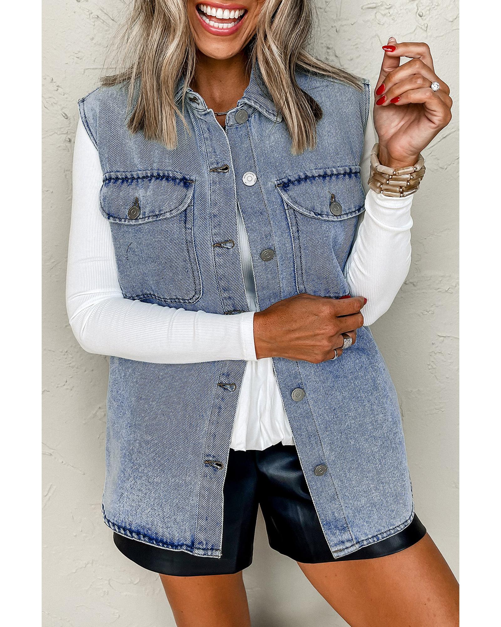 V539-AZEXDC790145-P804-XL-202508302335-00 Beau Blue Denim Flap Pocket Curved Hem Shirt Vest - XL - Image 1