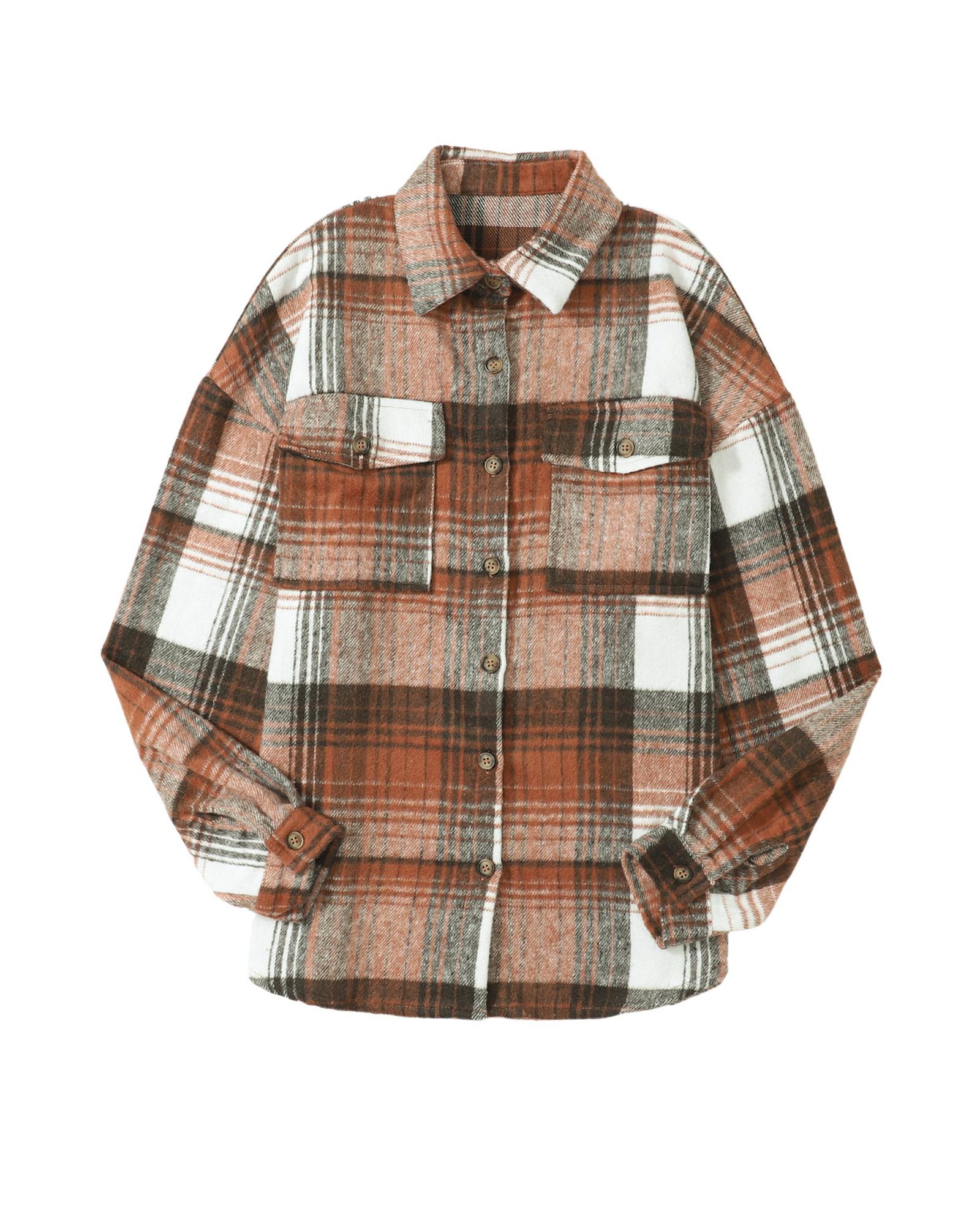 V539-AZEXDC8511948-P5014-L-202508291900-00 Brown Plaid Flap Pockets Shacket - L - Image 1