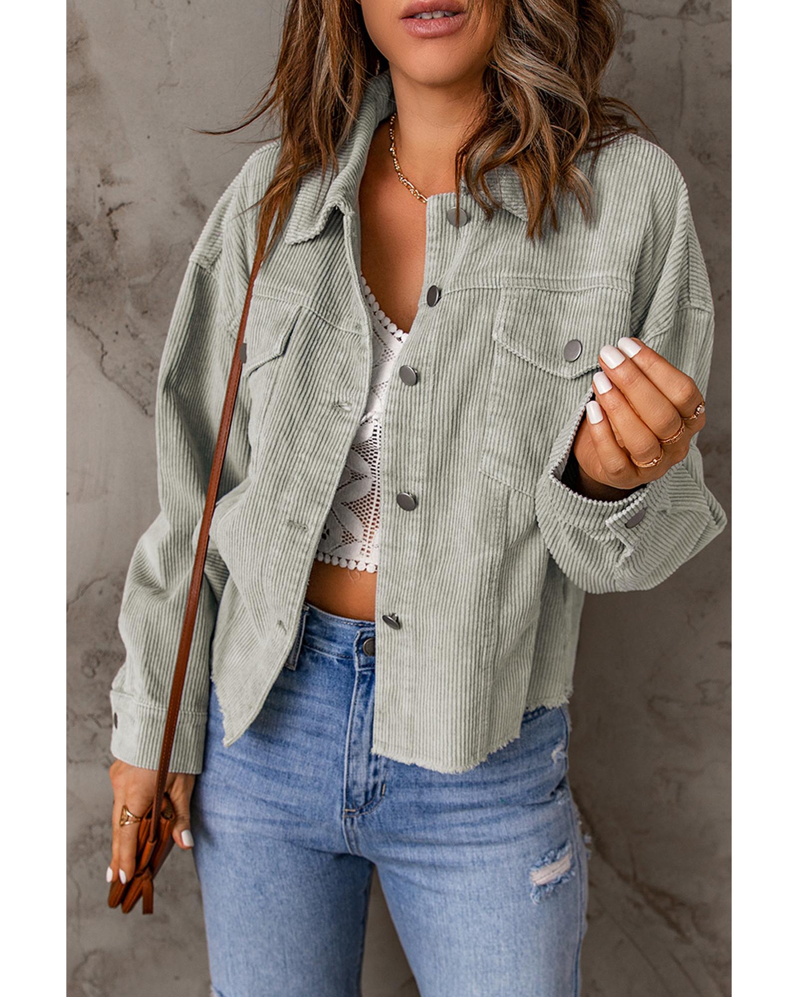 V539-AZEXDC8512634-4-L-202508292215-00 Sky Blue Raw Hem Flap Pockets Cropped Corduroy Jacket - L - Image 1