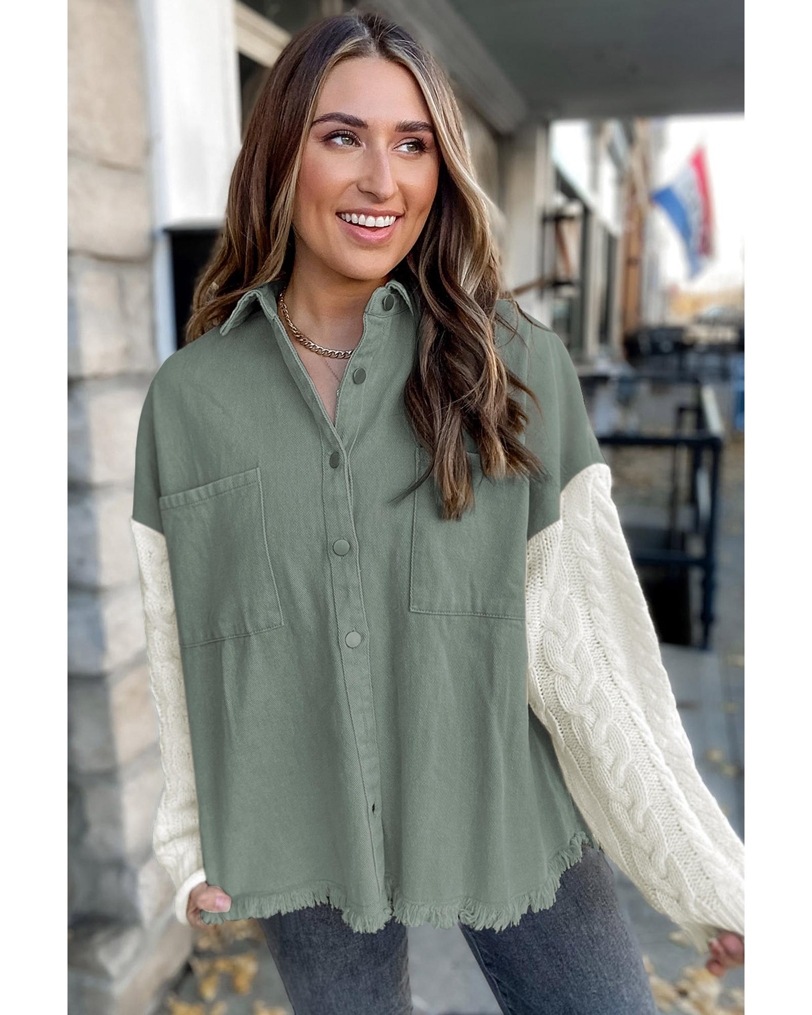 V539-AZEXDC8512796-9-XL-202508290230-00 Green Cable Knit Sleeve Raw Hem Shacket - XL - Image 1