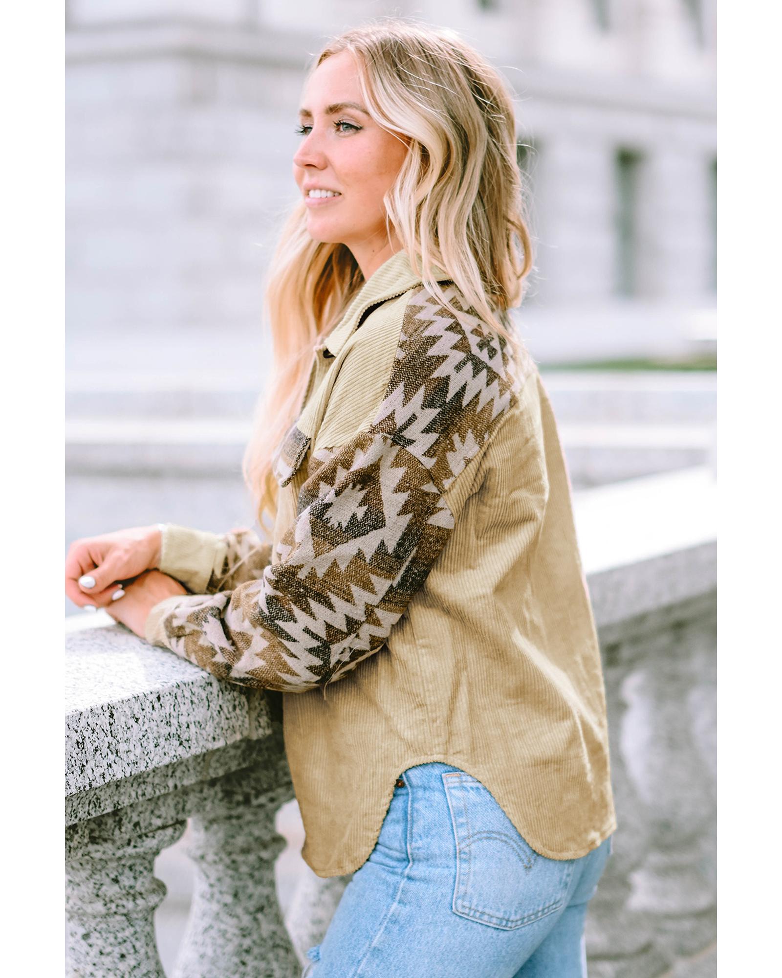 V539-AZEXDC8512801-16-L-202508291555-00 Khaki Aztec Print Patchwork Frayed Edge Corduroy Jacket - L - Image 1