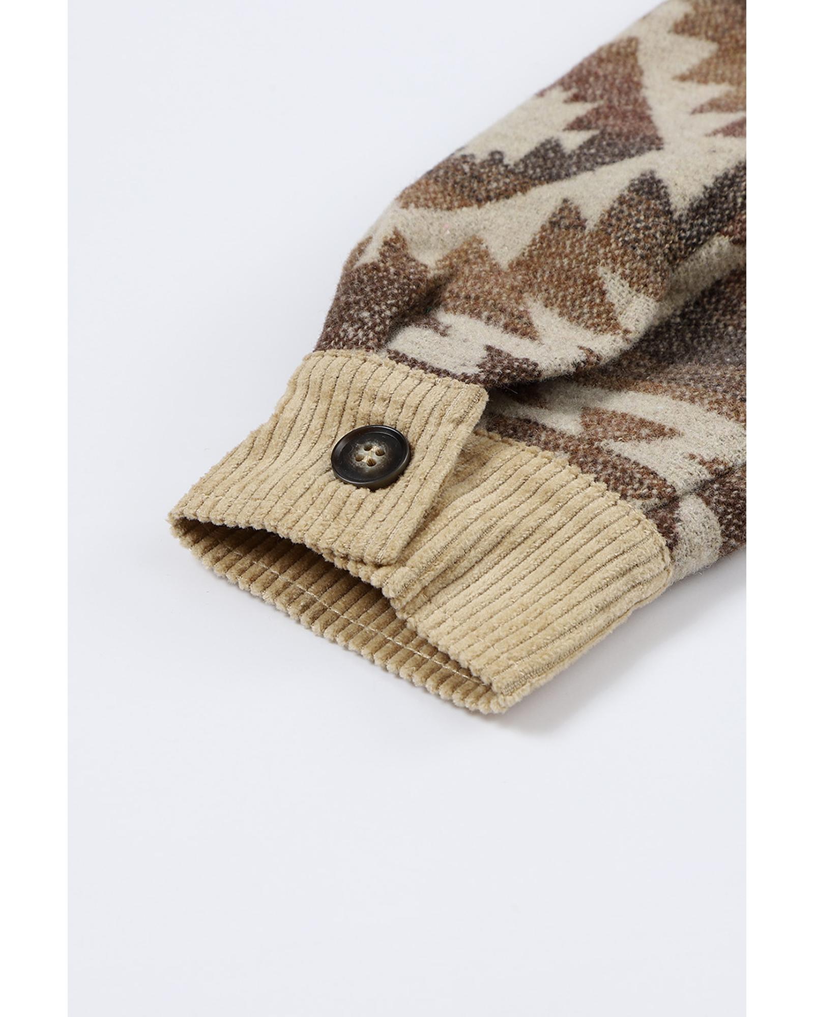 V539-AZEXDC8512801-16-S-202506151621-00 Khaki Aztec Print Patchwork Frayed Edge Corduroy Jacket - S - Image 1