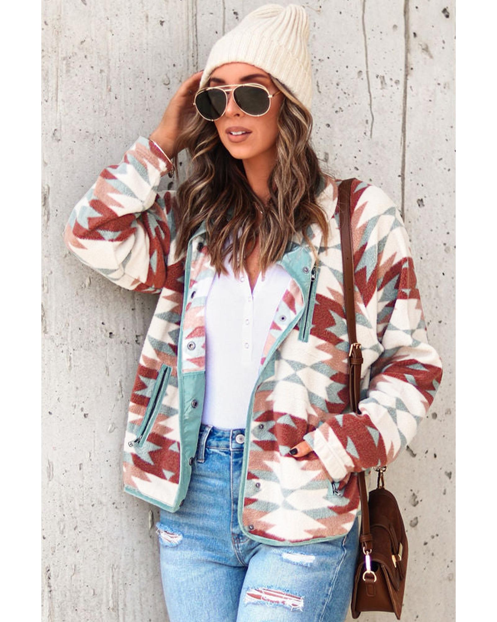 V539-AZEXDC8512850-3-M-202508281225-00 Azura Exchange Red Western Aztec Buttoned Zipper Pockets Fleece Jacket - M - Image 1