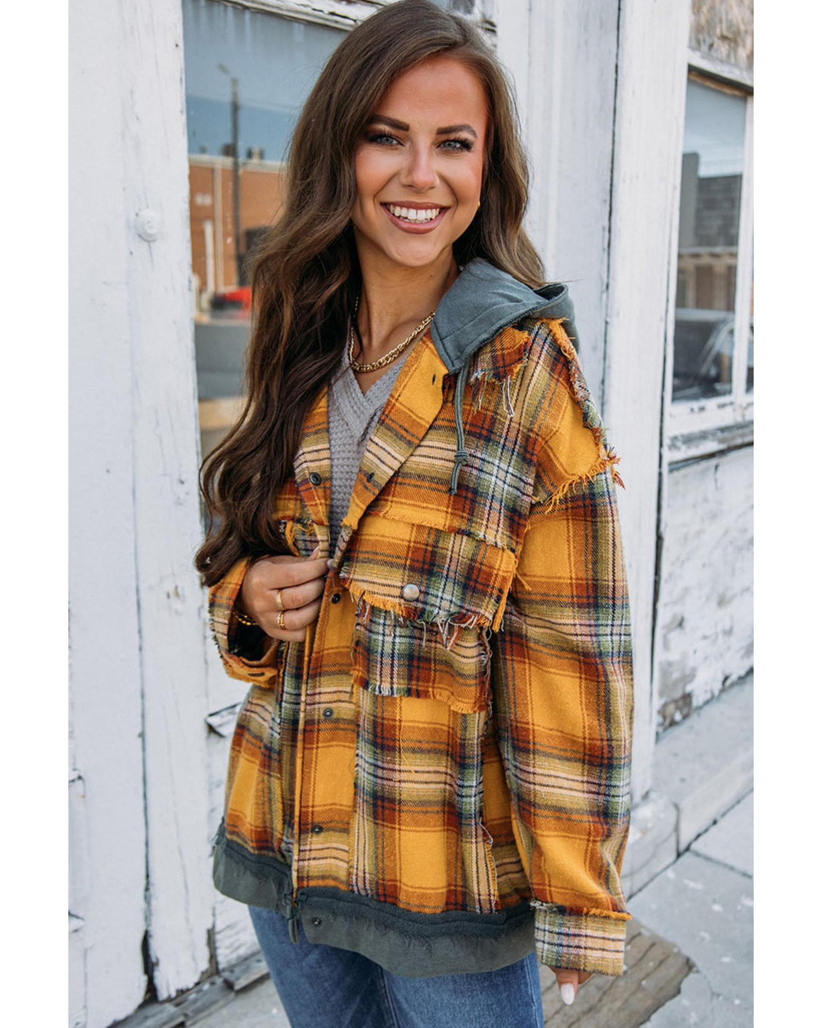 V539-AZEXDC8512858-14-L-202508282235-00 Orange Plaid Patch Hooded Frayed Snap Button Jacket - L - Image 1
