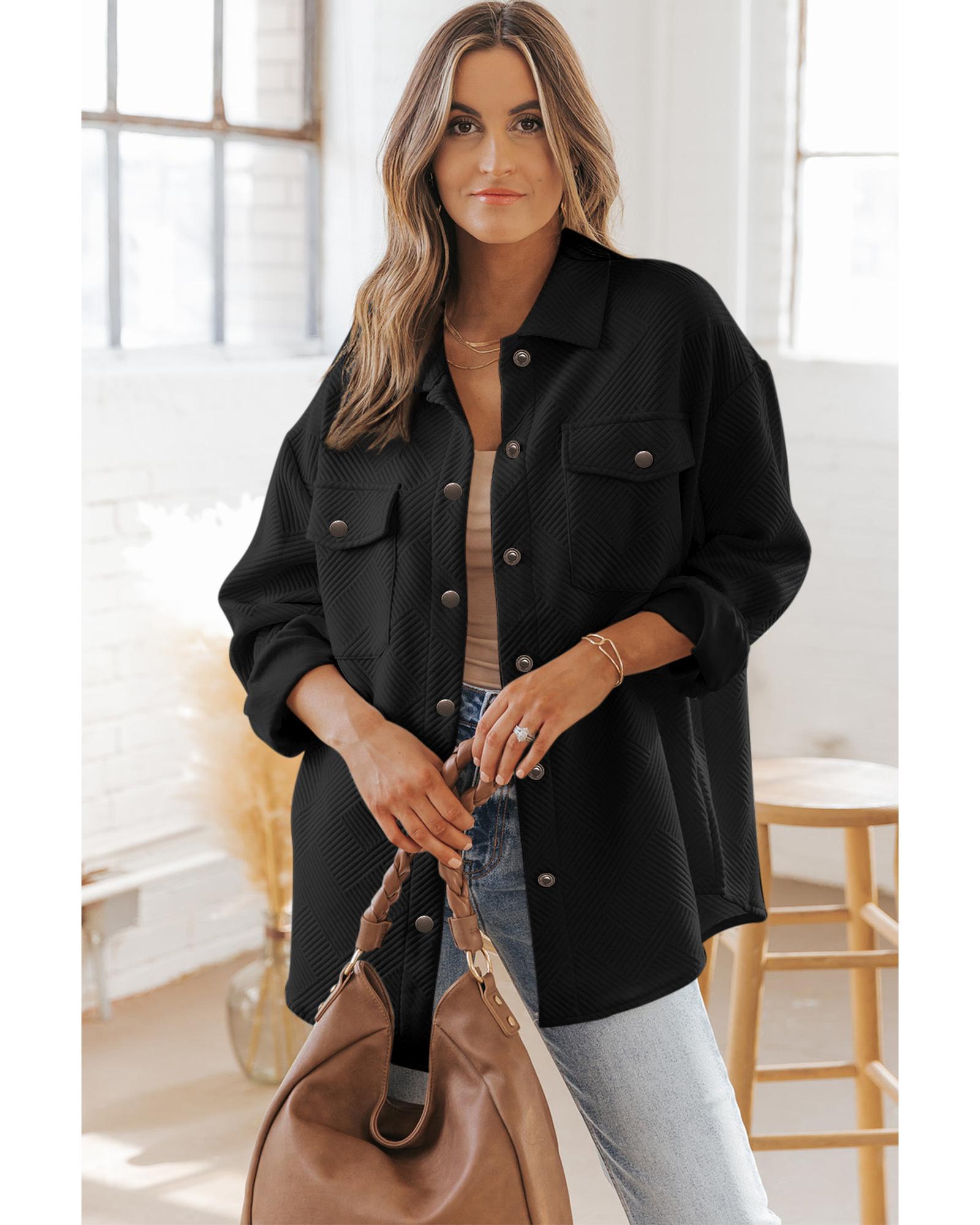 V539-AZEXDC8512943-2-L-202508302345-00 Black Solid Textured Flap Pocket Buttoned Shacket - L - Image 1