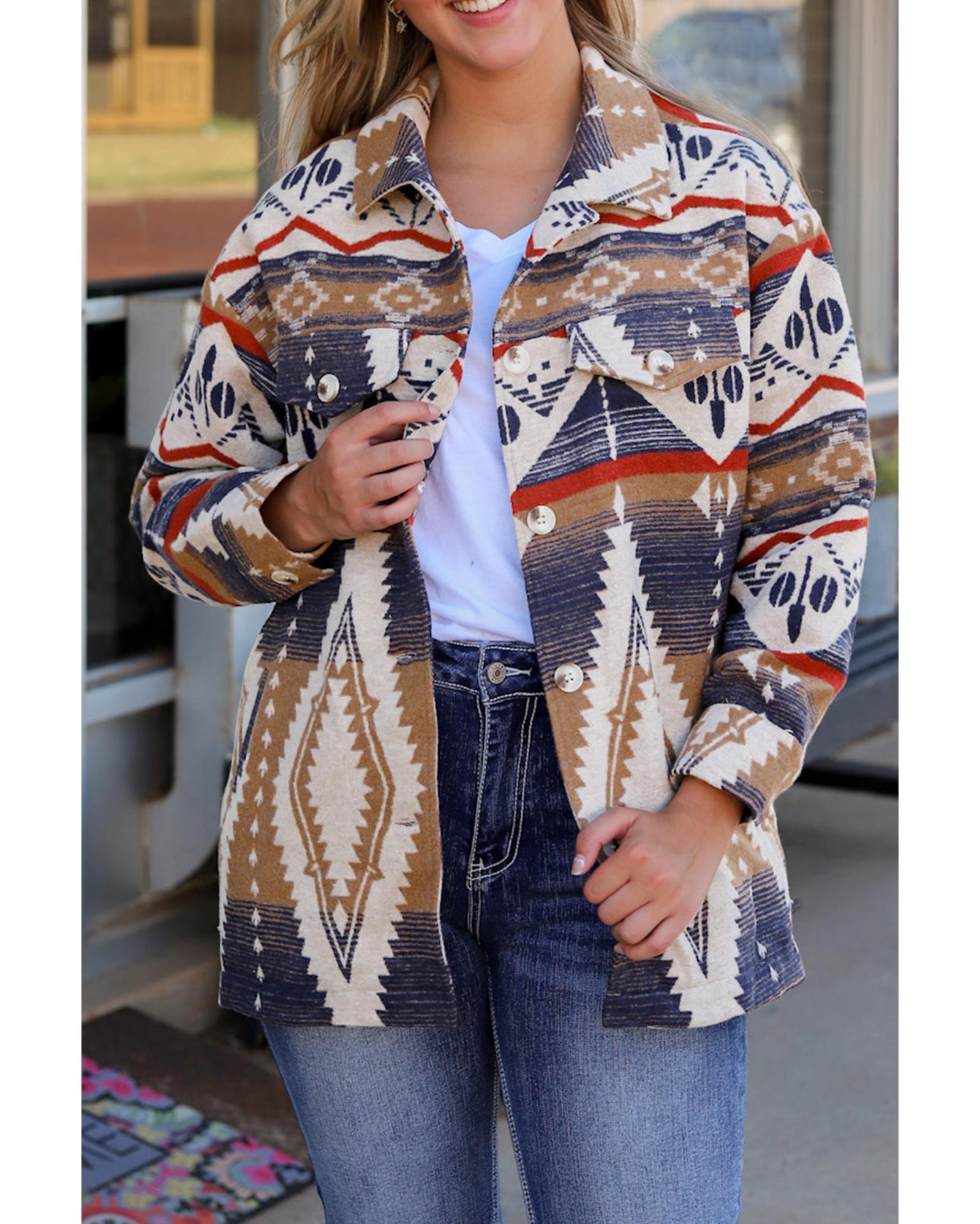 V539-AZEXDC8512986-22-M-202508301045-00 Multicolor Aztec Print Button-Up Oversized Jacket - M - Image 1