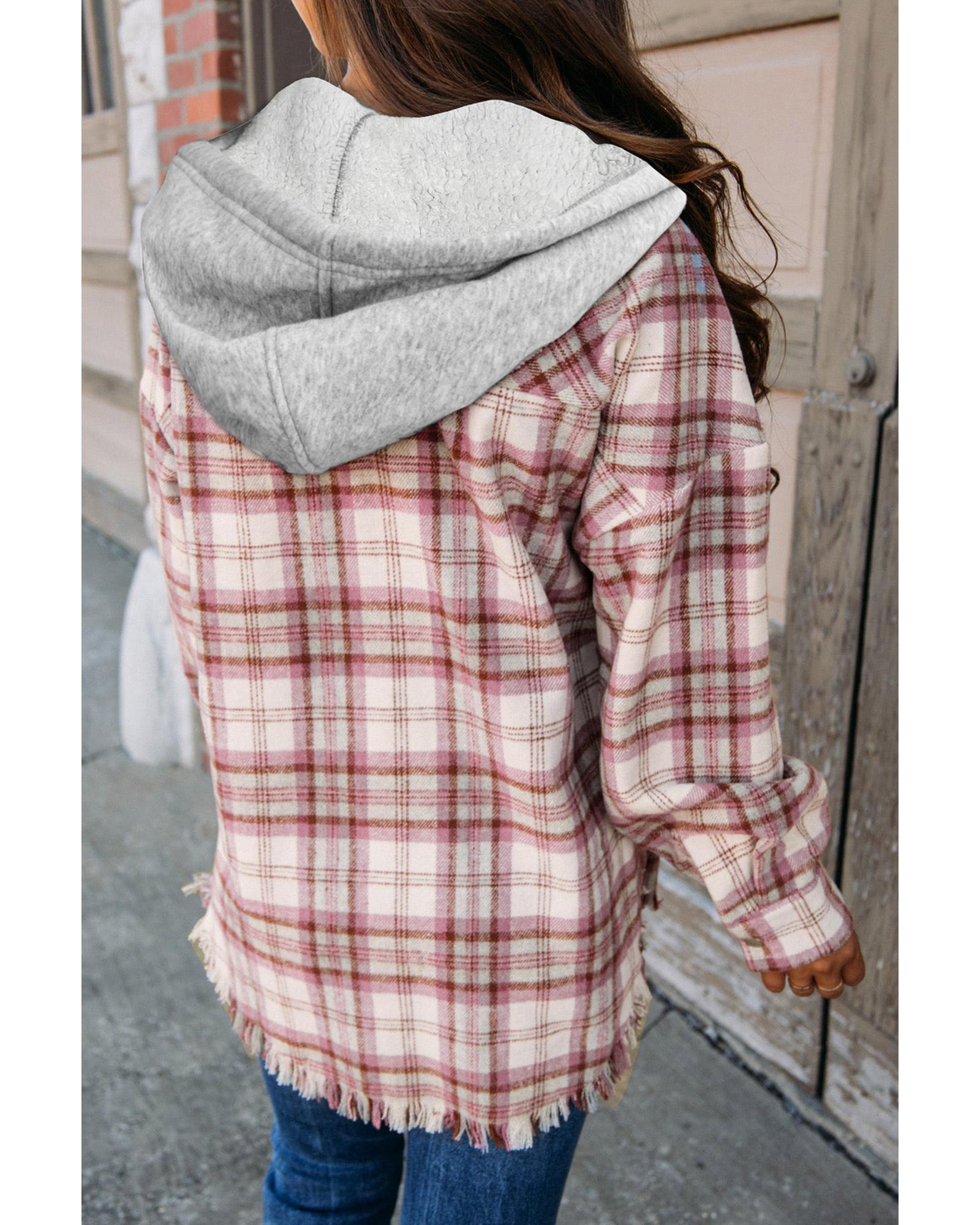 V539-AZEXDC8513166-P1022-M-202508301020-00 Multicolour Plaid Flap Pocket Hooded Raw Hem Jacket - M - Image 1