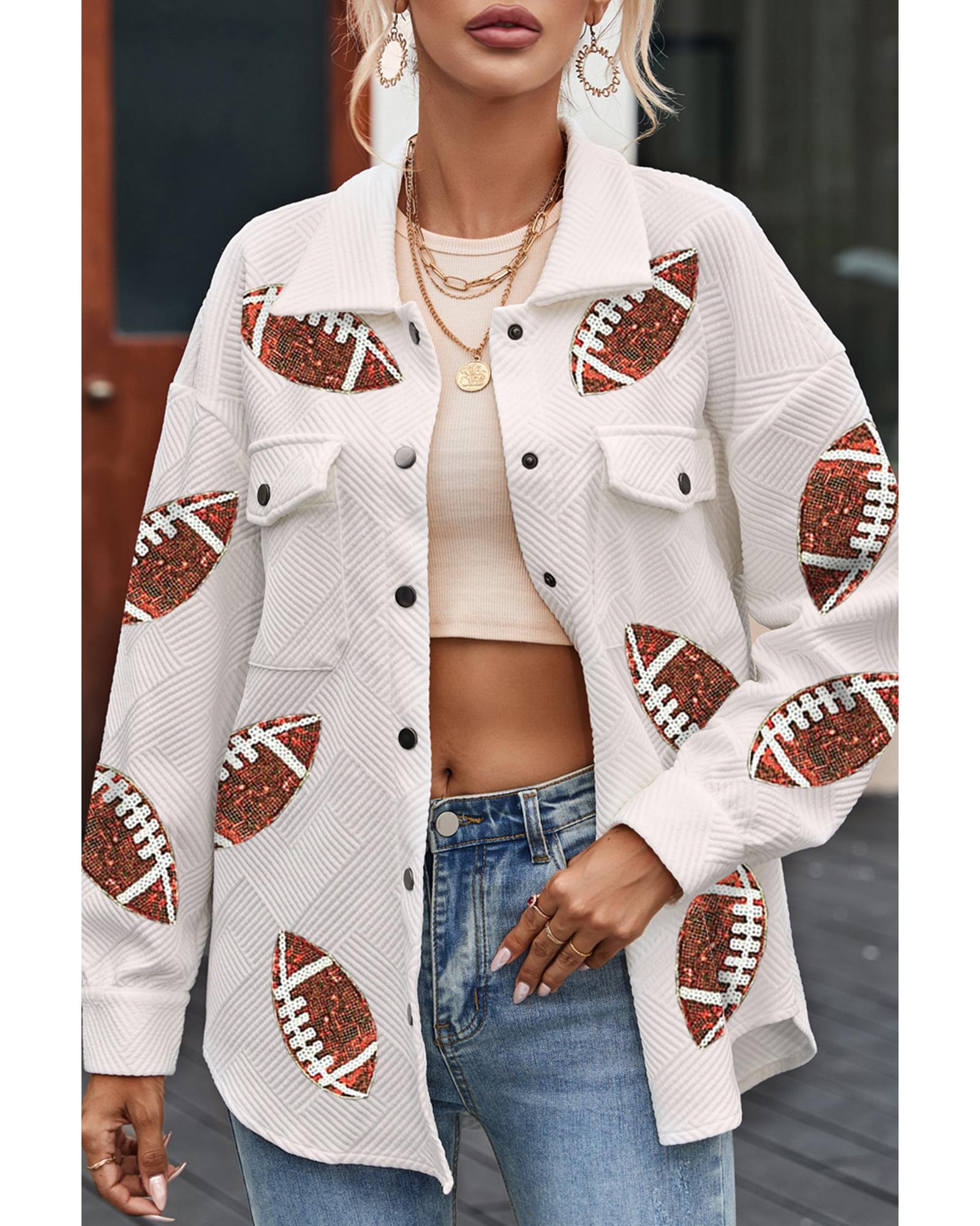 V539-AZEXDC8513228-15-XL-202508301400-00 Beige Bubble Gum Texture Sequined Football Shacket - XL - Image 1