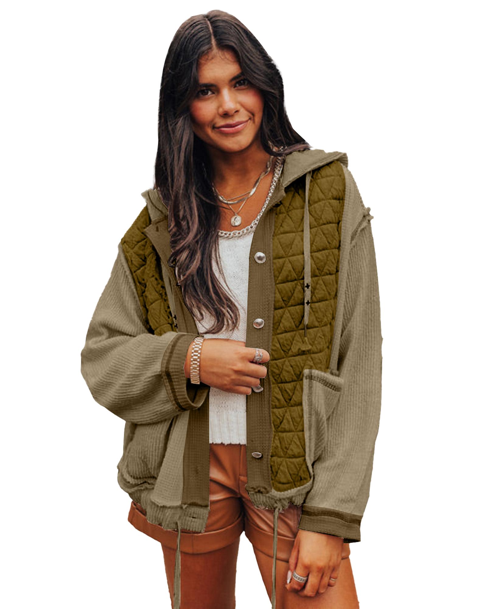 V539-AZEXDC8513305-P609-L-202508301540-00 Jungle Green Quilted Textured Patchwork Loose Fit Hooded Jacket - L - Image 1