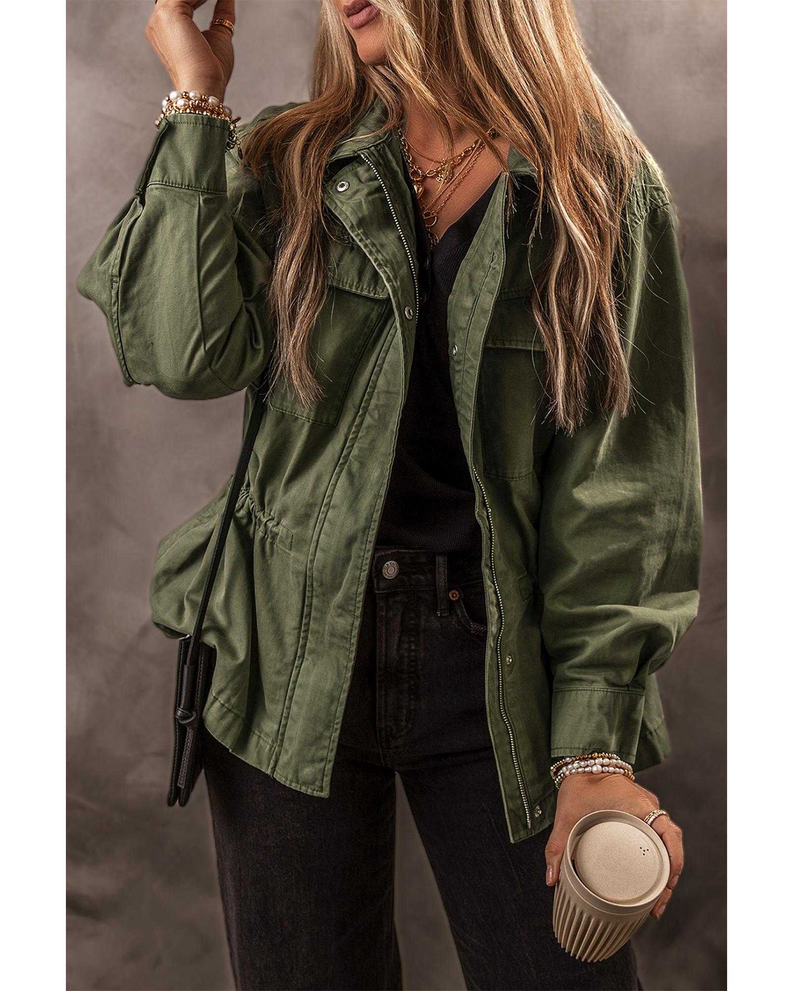 V539-AZEXDC8513314-P1609-L-202508302335-00 Moss Green Snap Button Zipper Tight Waist Collared Jacket - L - Image 1