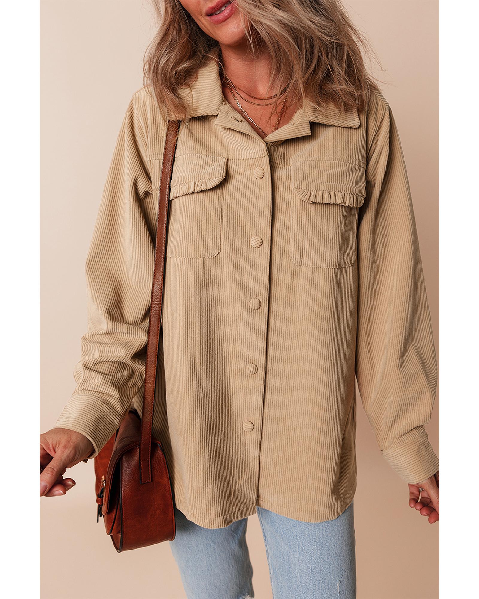 V539-AZEXDC8513326-P4016-XL-202508291950-00 Light French Beige Solid Frilled Flap Pocket Button Up Corduroy Shacket - XL - Image 1