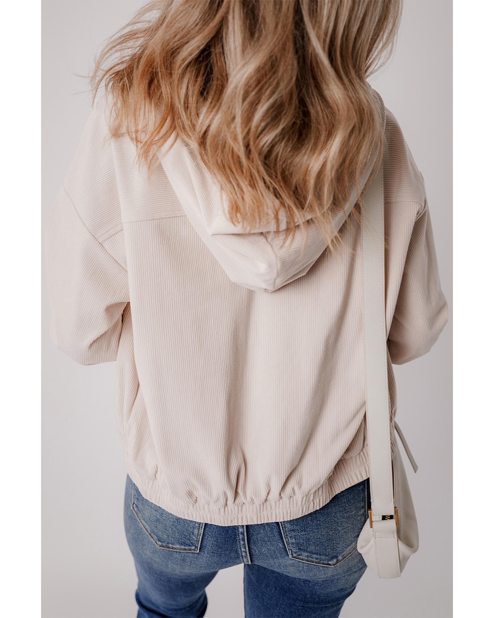 V539-AZEXDC8513332-P101-S-202506151454-00 White Corduroy Drawstring Hooded Pocket Zip Up Jacket - S - Image 1