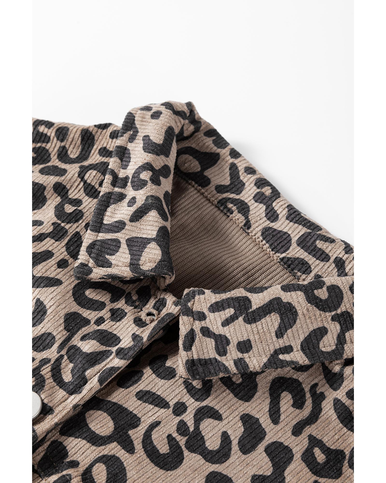 V539-AZEXDC8513343-P1117-S-202506151520-00 Dark Khaki Leopard Print Corduroy Irregular Hem Buttoned Jacket - S - Image 1