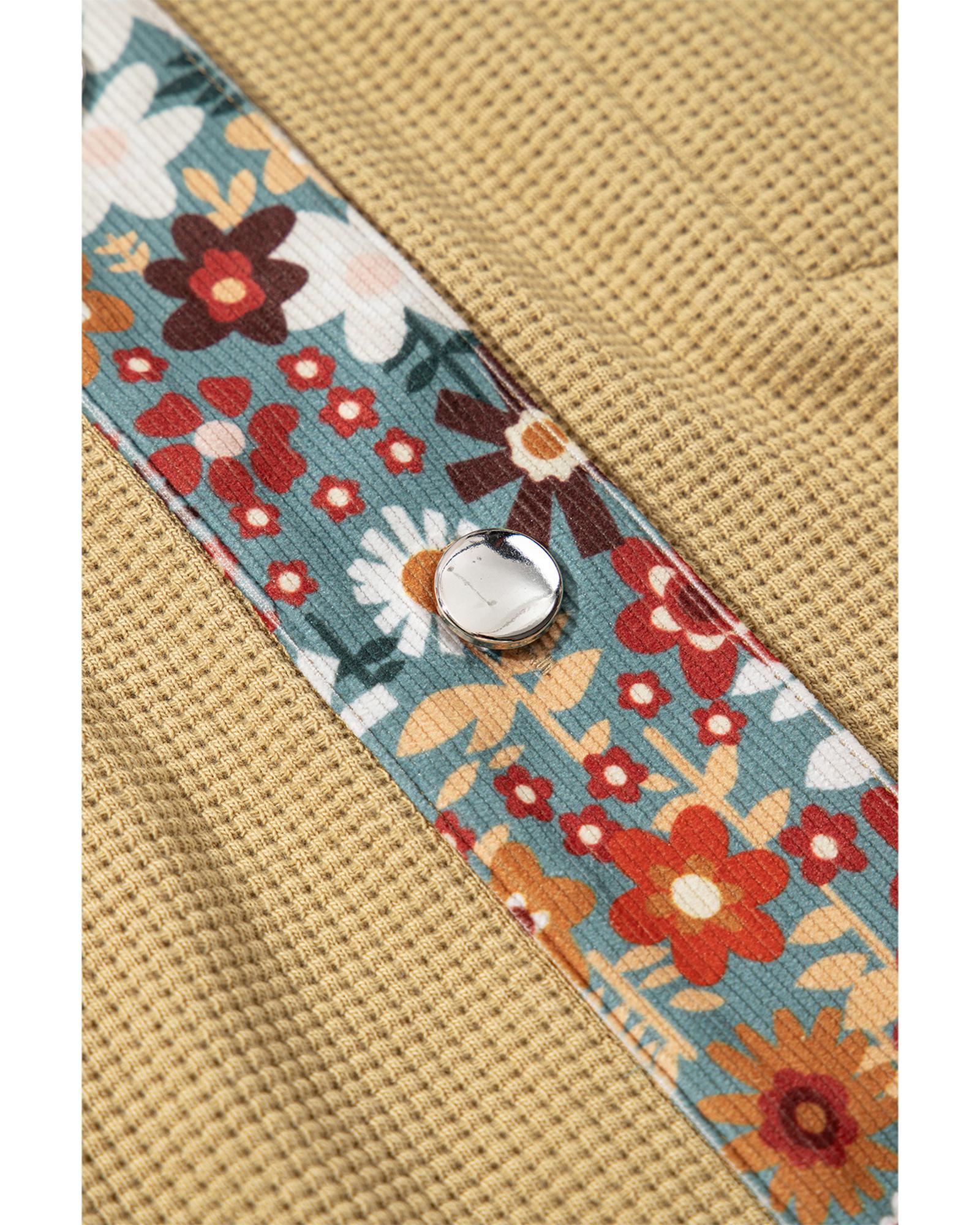 V539-AZEXDC8513349-P15-M-202508280530-00 Khaki Waffle Knit Floral Print Patchwork Button up Jacket - M - Image 1