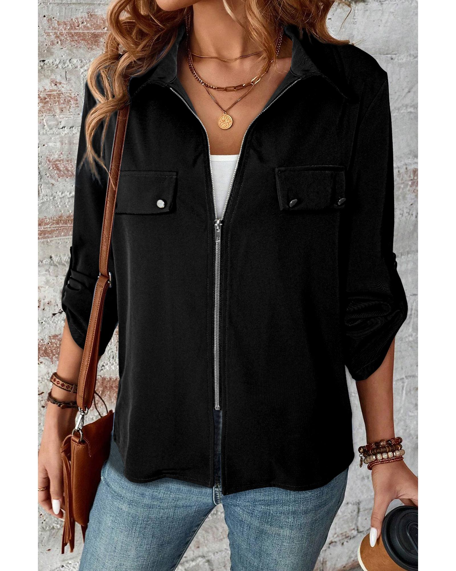 V539-AZEXDC8513419-P2-S-202506151615-00 Black Collar Tab Sleeve Zip Up Flap Detail Jacket - S - Image 1