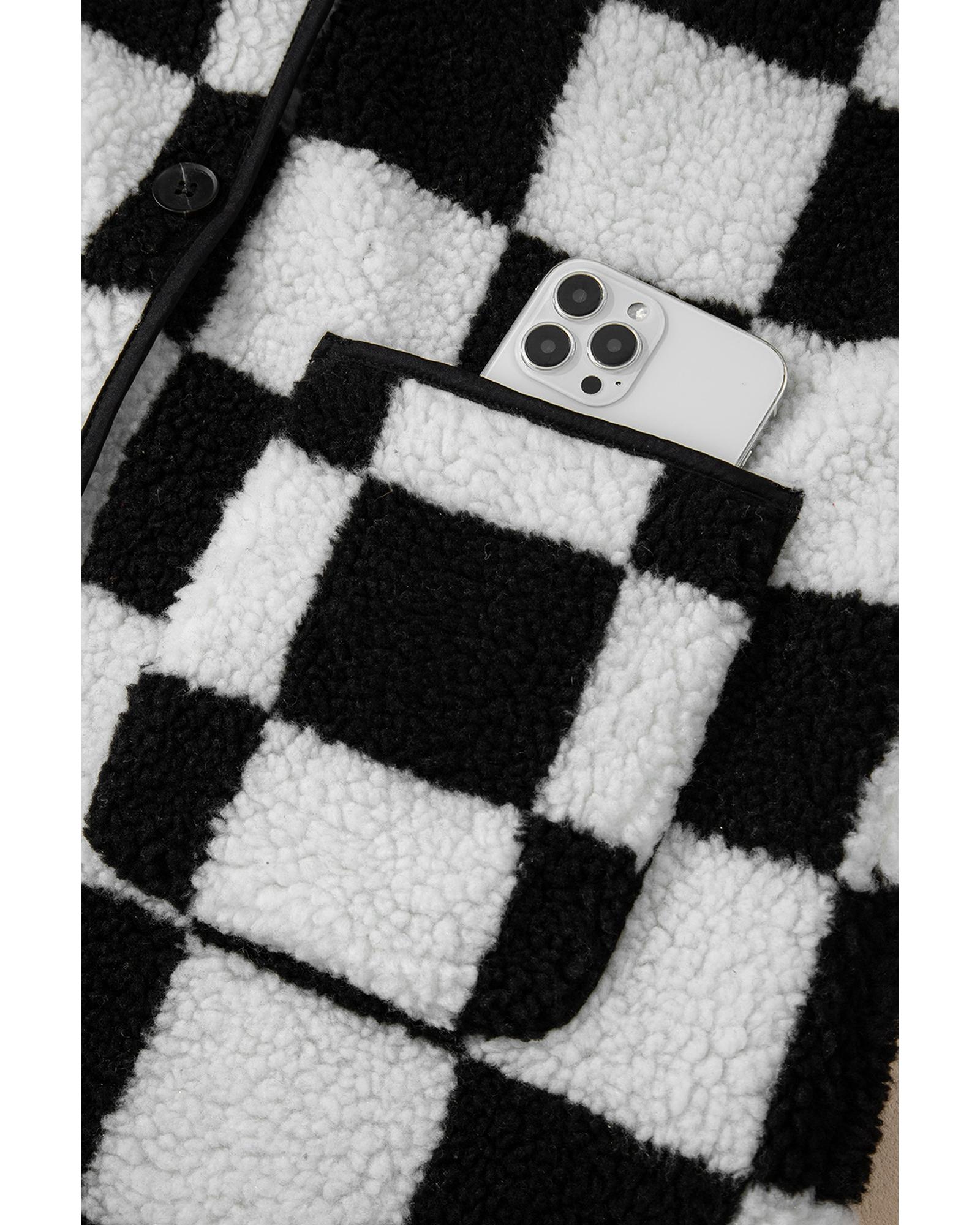 V539-AZEXDC8513445-P2-M-202508300245-00 Black Checkered Side Pockets Collared Buttoned Fleece Jacket - M - Image 1