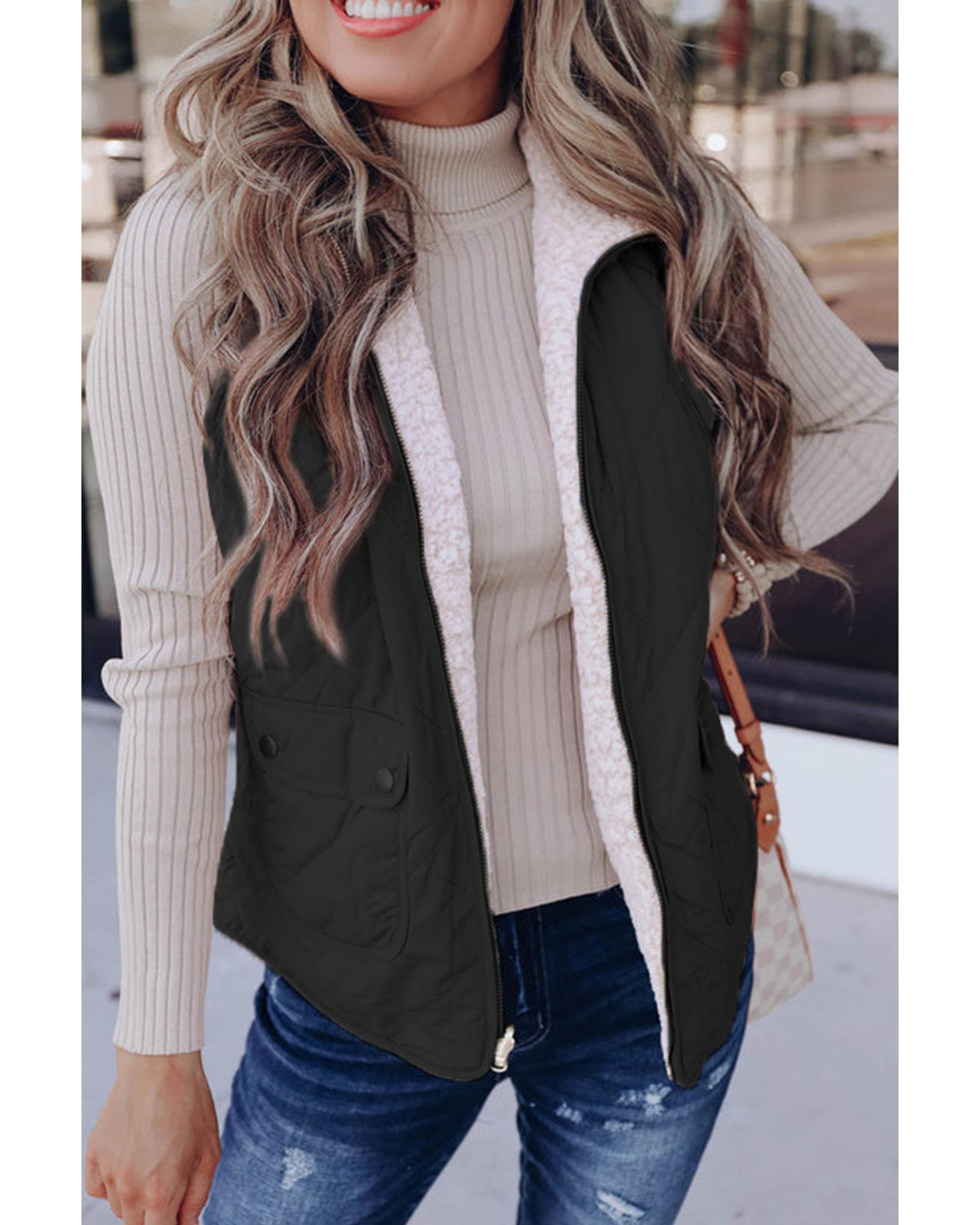 V539-AZEXDC853272-P2-S-202506151652-00 Black Fleece Lined Quilted Zip up Vest Coat - S - Image 1