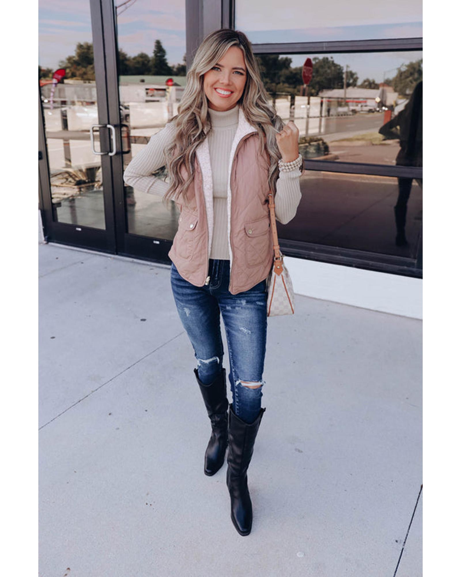 V539-AZEXDC853272-P7016-L-202508301540-00 Pink Fleece Lined Quilted Vest Coats - L - Image 1