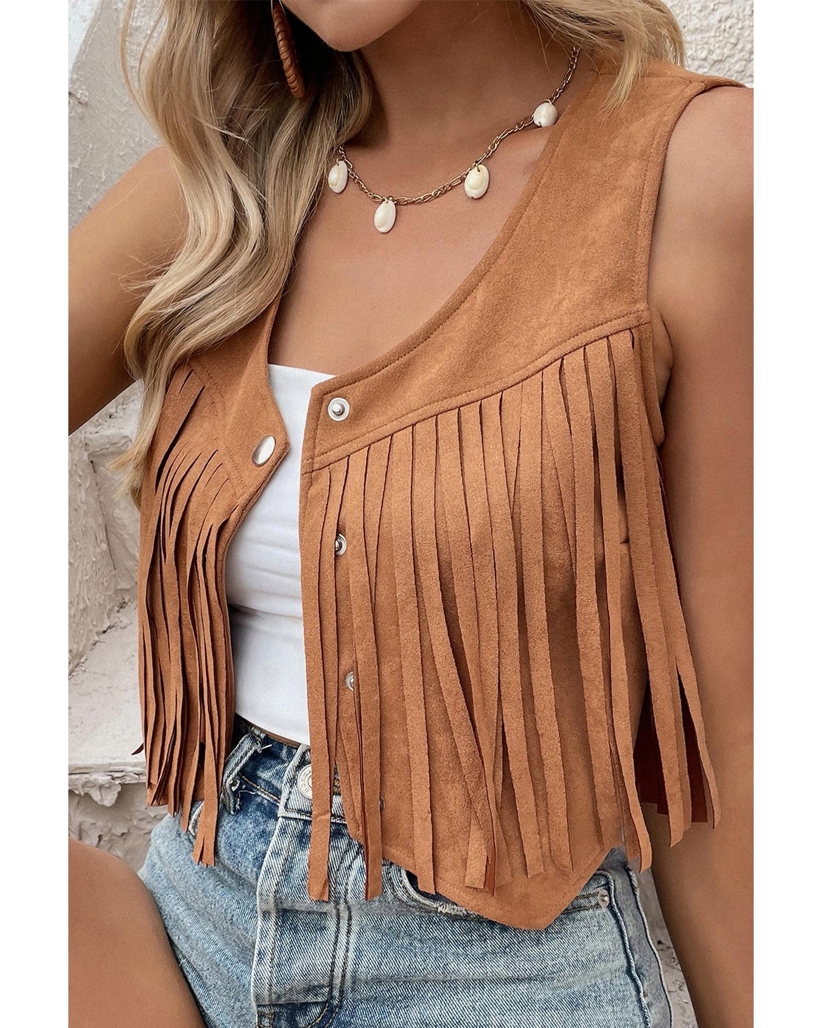 V539-AZEXDC853294-P1016-XL-202508302210-00 Camel Fringed Snap Button Front Suedette Vest - XL - Image 1