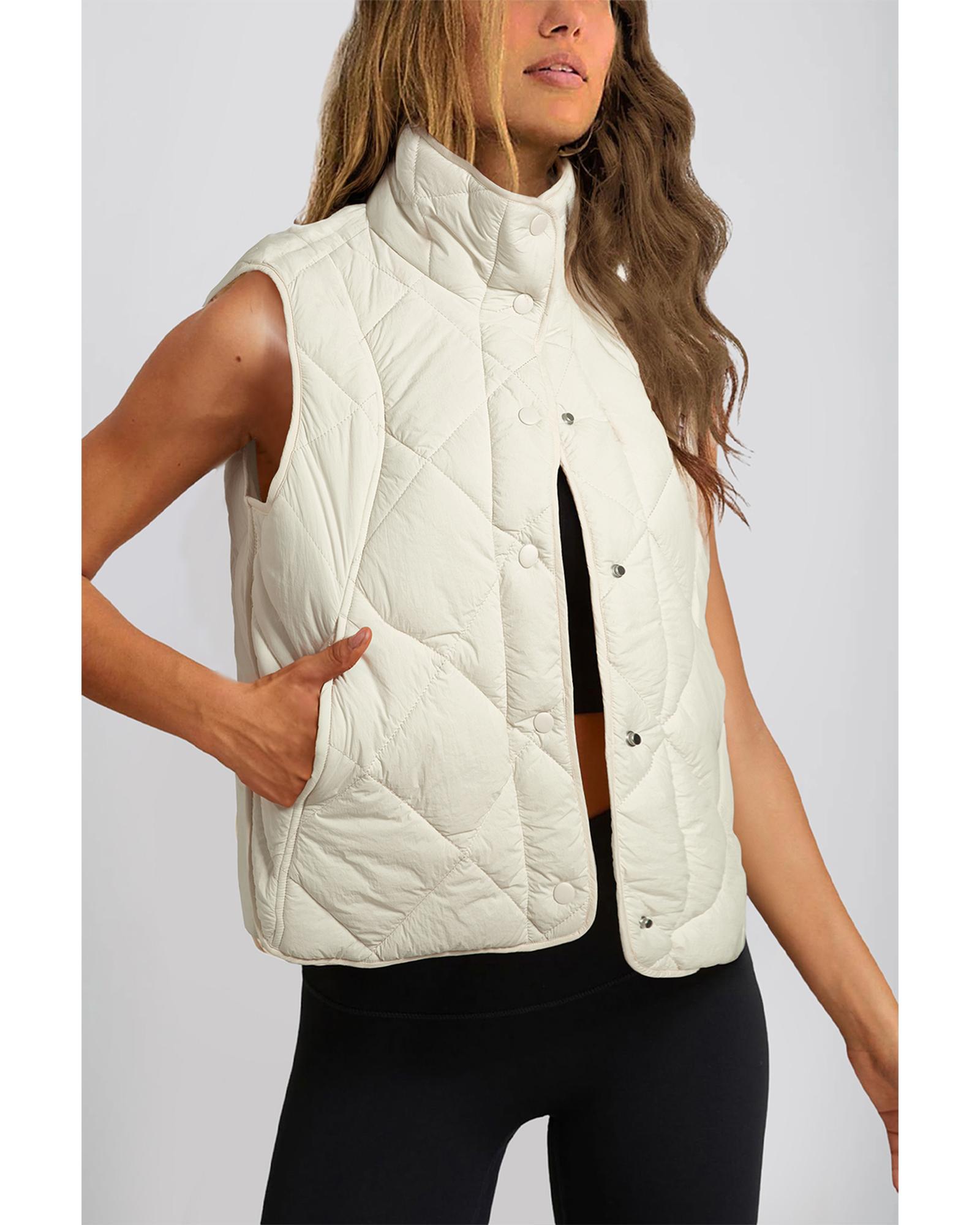 V539-AZEXDC853373-P15-2XL-202508301255-00 Beige Quilted High Neck Button Up Pocket Vest Coat - 2XL - Image 1