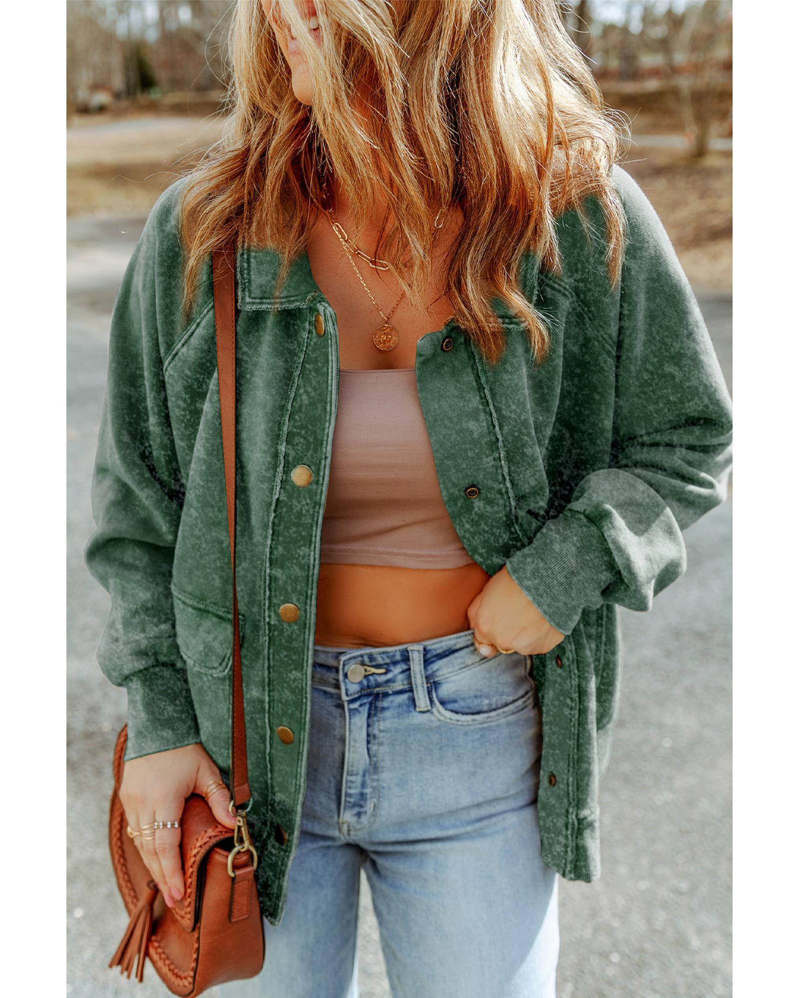 V539-AZEXDC854296-9-XL-202508280135-00 Green Vintage Washed Flap Pocket Button Shacket - XL - Image 1