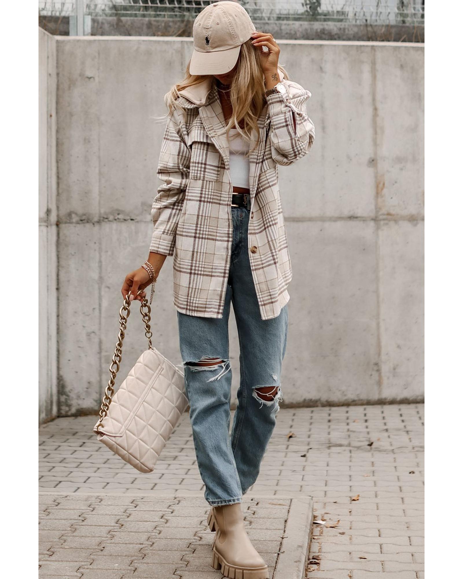 V539-AZEXDC854509-16-2XL-202508301350-00 Khaki Plaid Removable Hood Buttoned Shacket - 2XL - Image 1