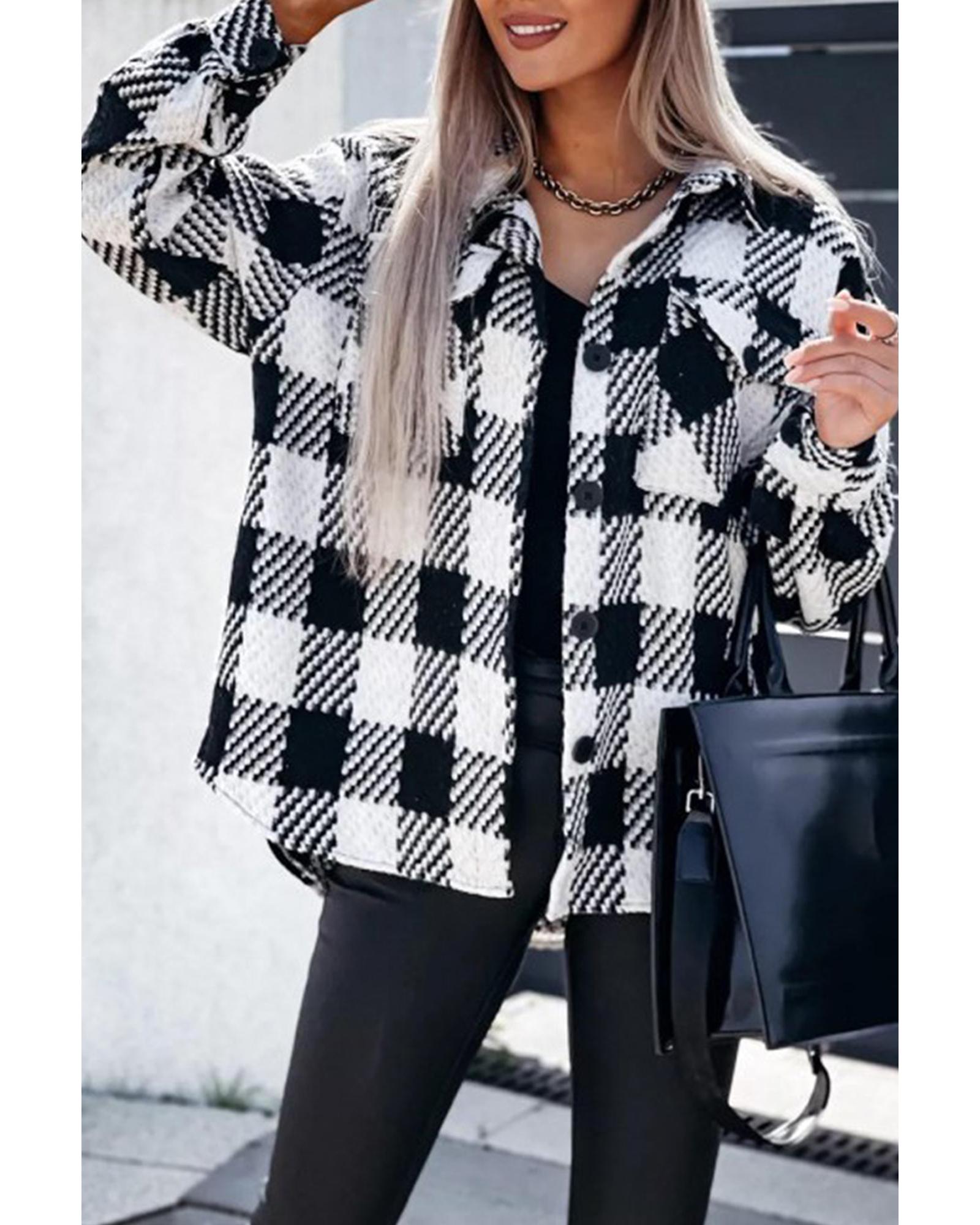 V539-AZEXDC854548-P2-S-202506152001-00 Black Plaid Textured Flap Pocket Shacket - S - Image 1