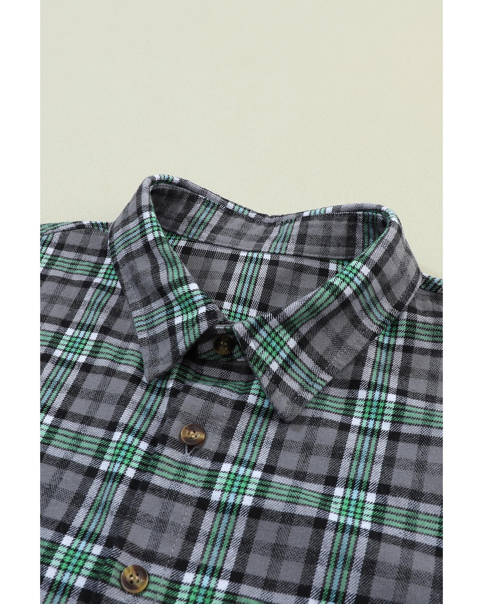 V539-AZEXDC854561-P309-L-202506152006-00 Blackish Green Contrast Plaid Patchwork Chest Pocket Button up Shacket - L - Image 1