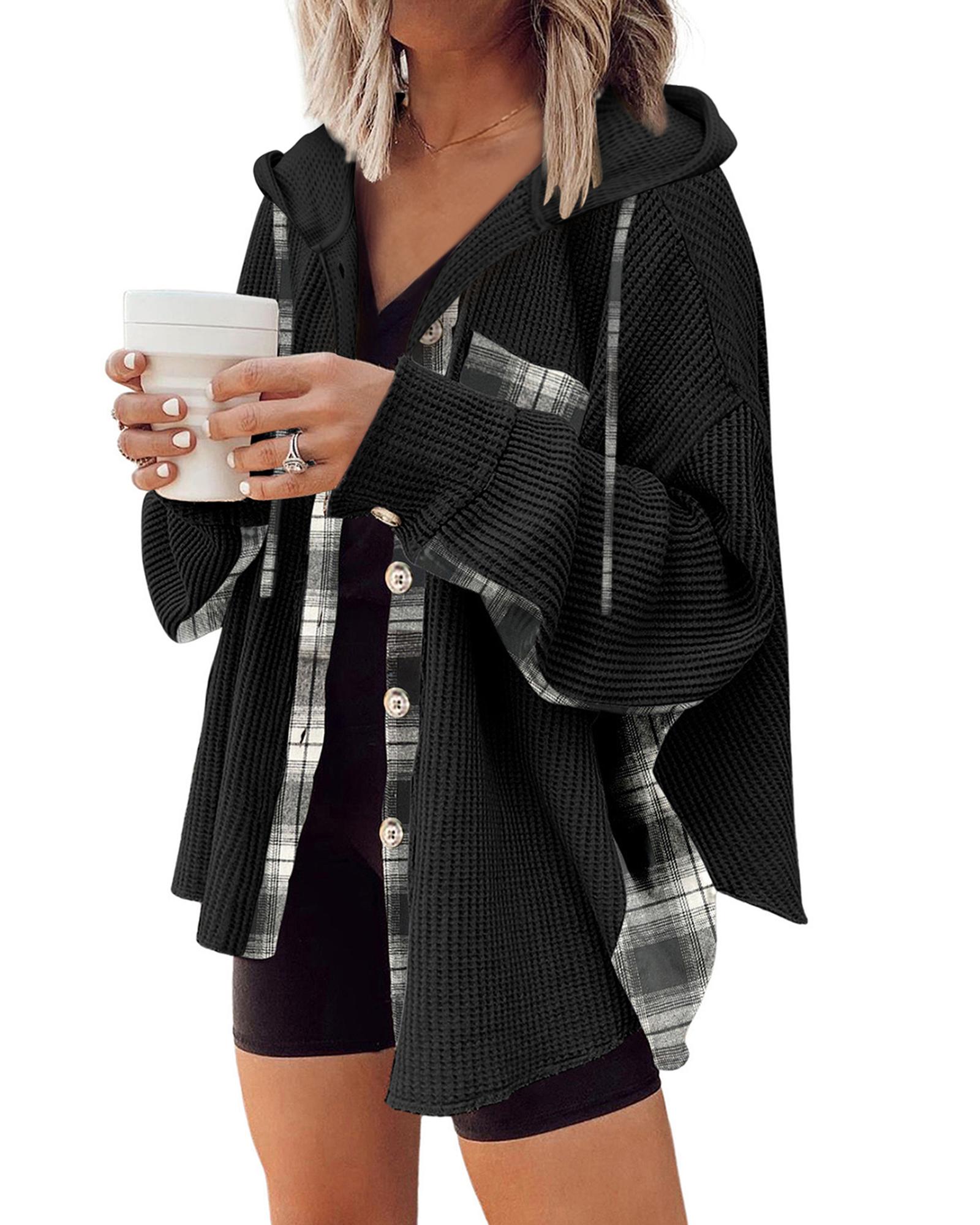 V539-AZEXDC854590-P2-L-202508302355-00 Black Waffle Knit Plaid Patchwork Drawstring Hooded Shacket - L - Image 1