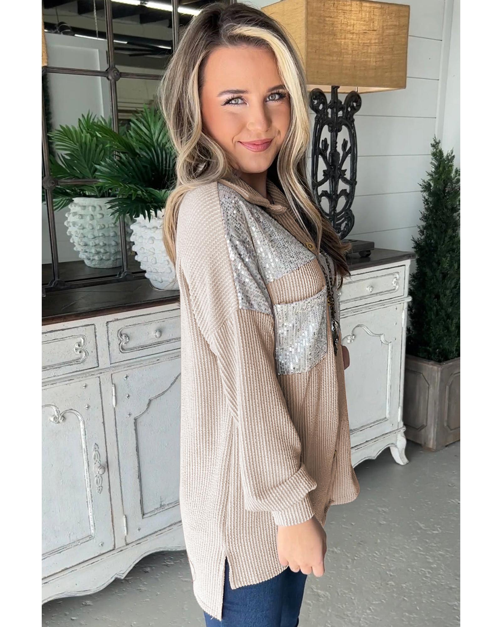 V539-AZEXDC854652-P6016-M-202508302020-00 Parchment Sequin Patch Chest Pocket Corded Shacket - M - Image 1